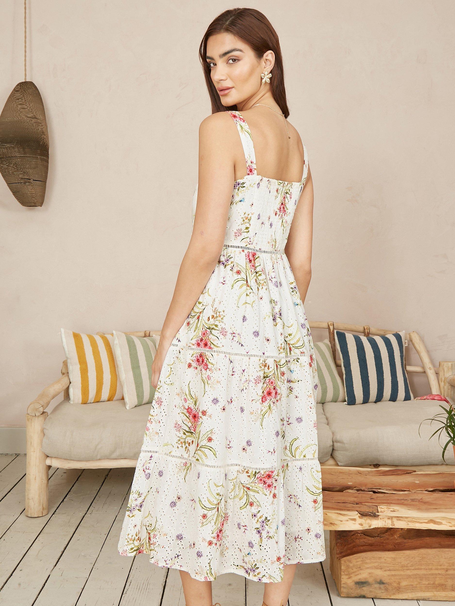 Product image 4 of 5, which shows Yumi Floral Broderie Anglaise Midi Dress, Ivory, 8