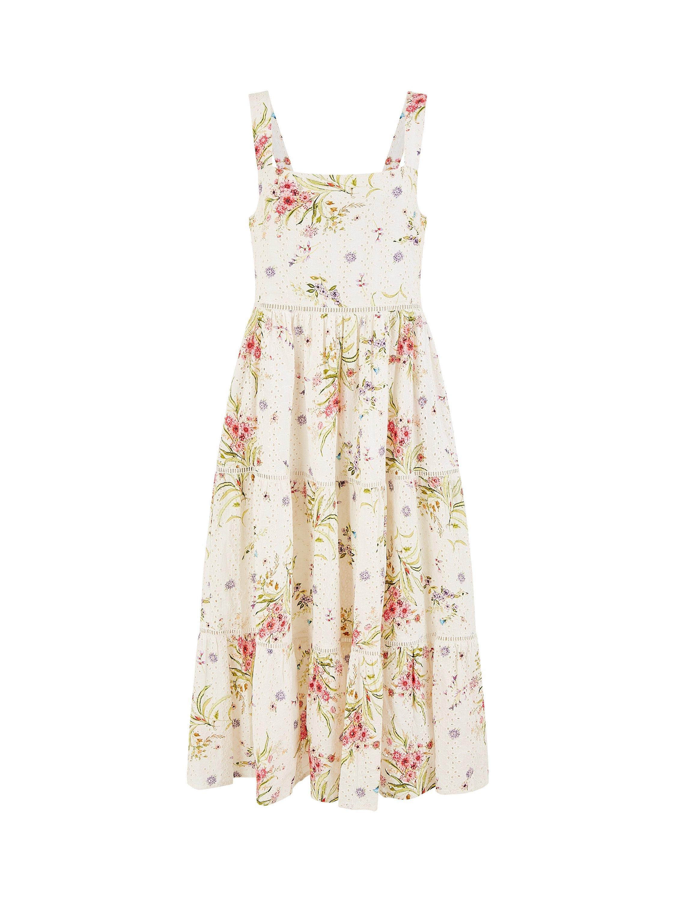 Product image 5 of 5, which shows Yumi Floral Broderie Anglaise Midi Dress, Ivory, 8