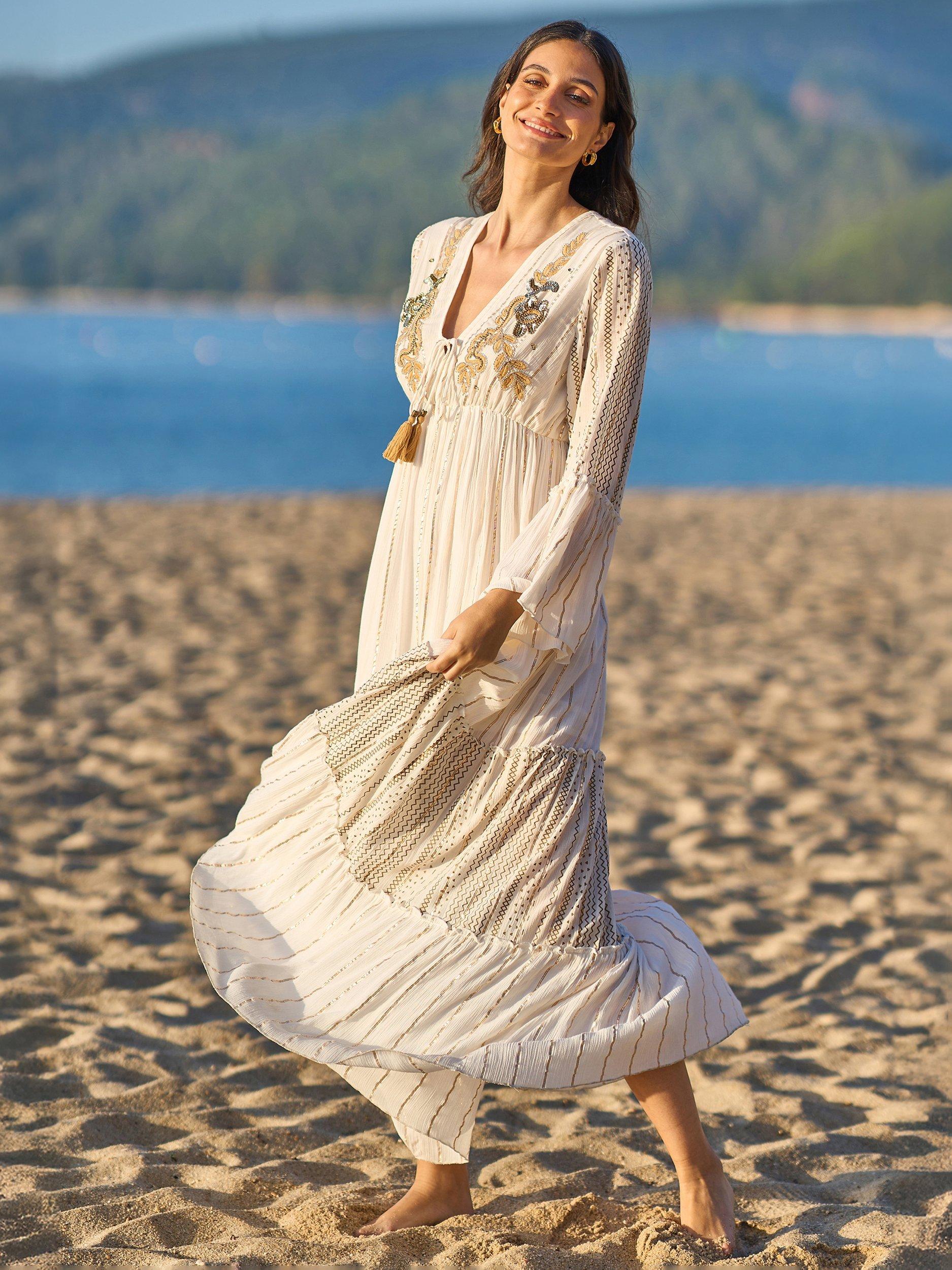 Product image 3 of 7, which shows Yumi Metallic Embellished Maxi Dress, White, 8