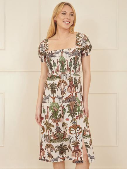 Yumi Safari Print Ruched Midi Dress, Multi, Multi