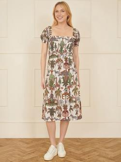 Yumi Safari Print Ruched Midi Dress, Multi - view 2, Multi