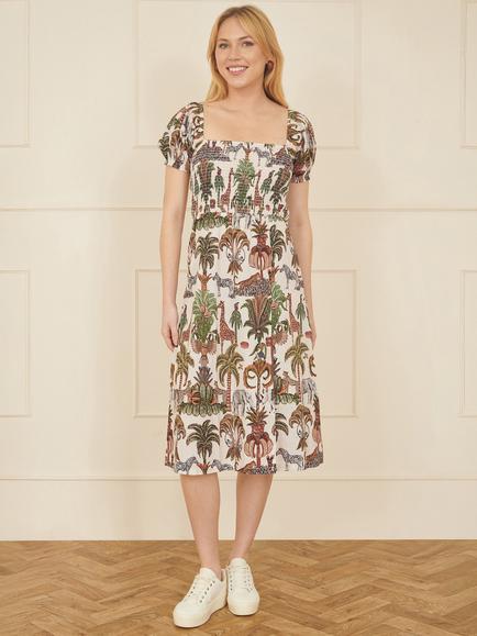 Yumi Safari Print Ruched Midi Dress, Multi - view 2, Multi