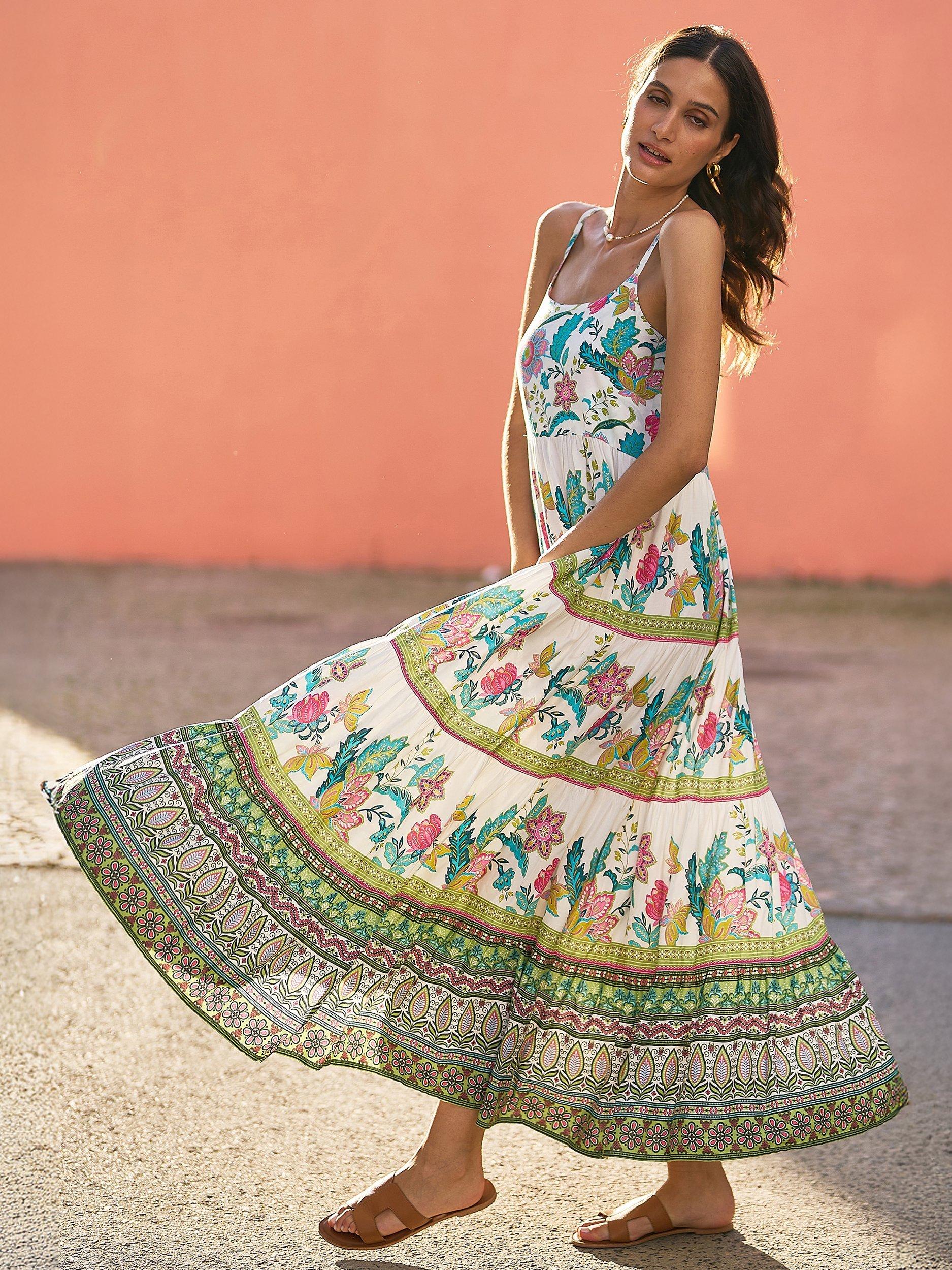 Product image 3 of 5, which shows Yumi Block Floral Tiered Maxi Dress, Ivory, 8
