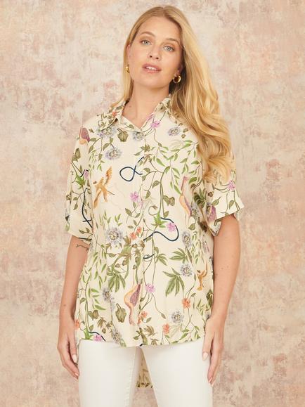 Yumi Botanical Print Relaxed Fit Shirt, Beige, Beige
