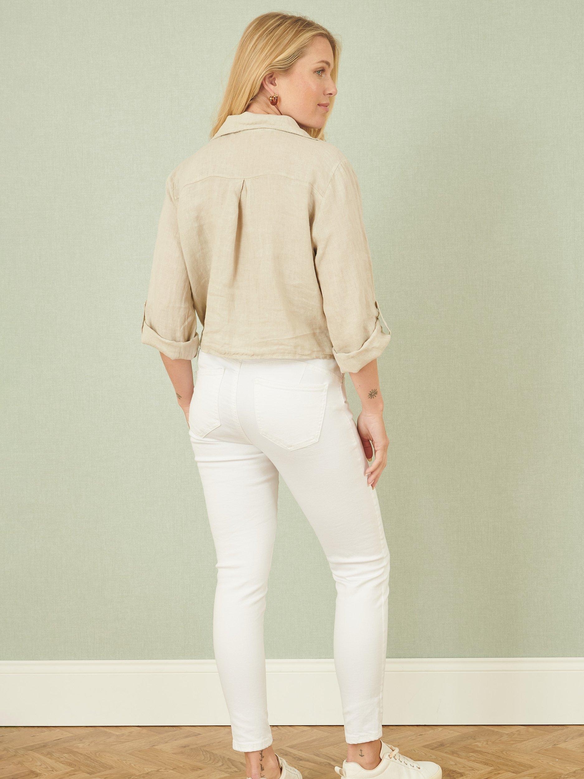 Product image 4 of 5, which shows Yumi Tie Front Pure Linen Shirt, Stone, S