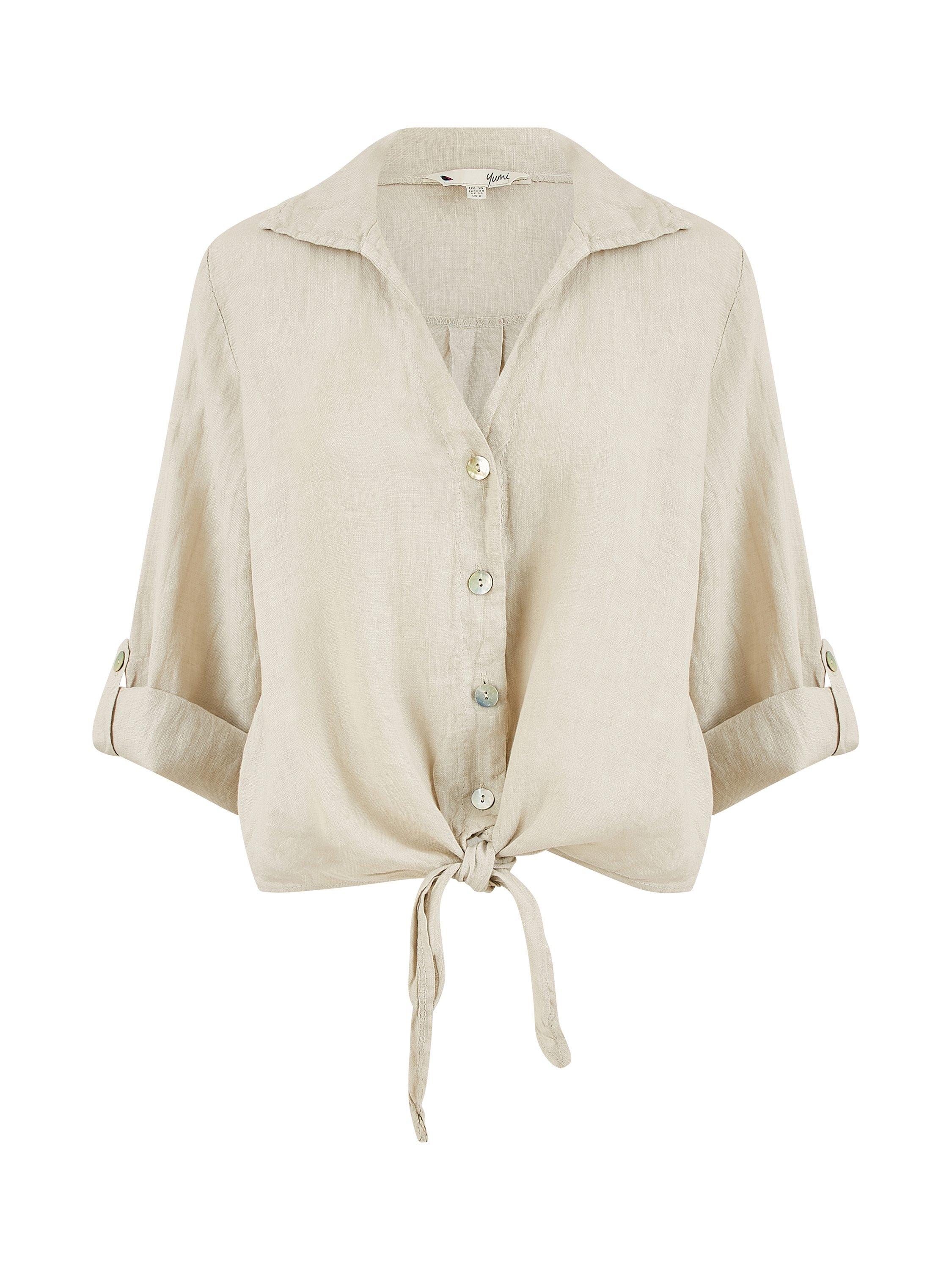 Product image 5 of 5, which shows Yumi Tie Front Pure Linen Shirt, Stone, S