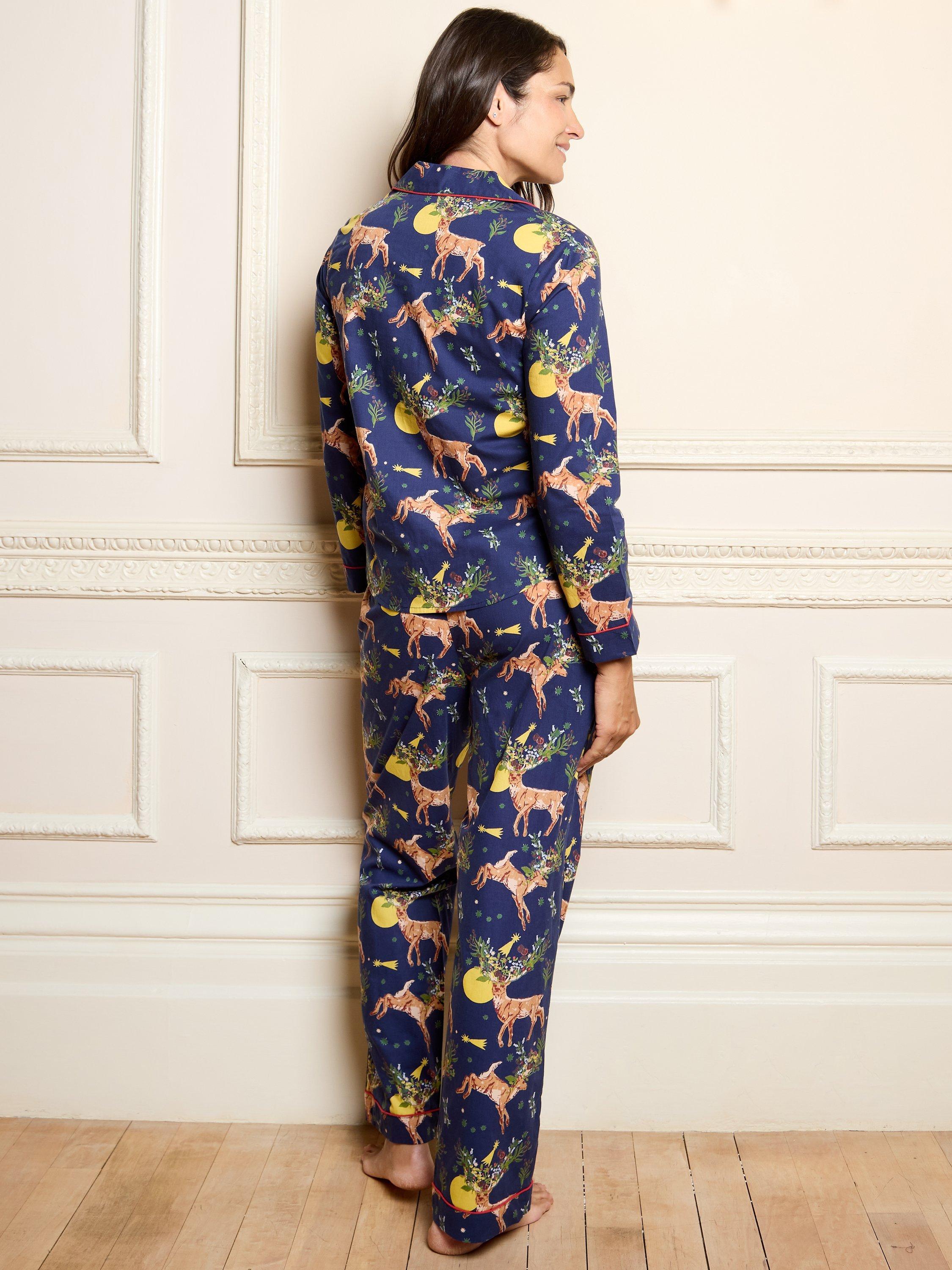 Product image 2 of 5, which shows Their Nibs Forest Reindeer Long Pyjama Set, Navy, S