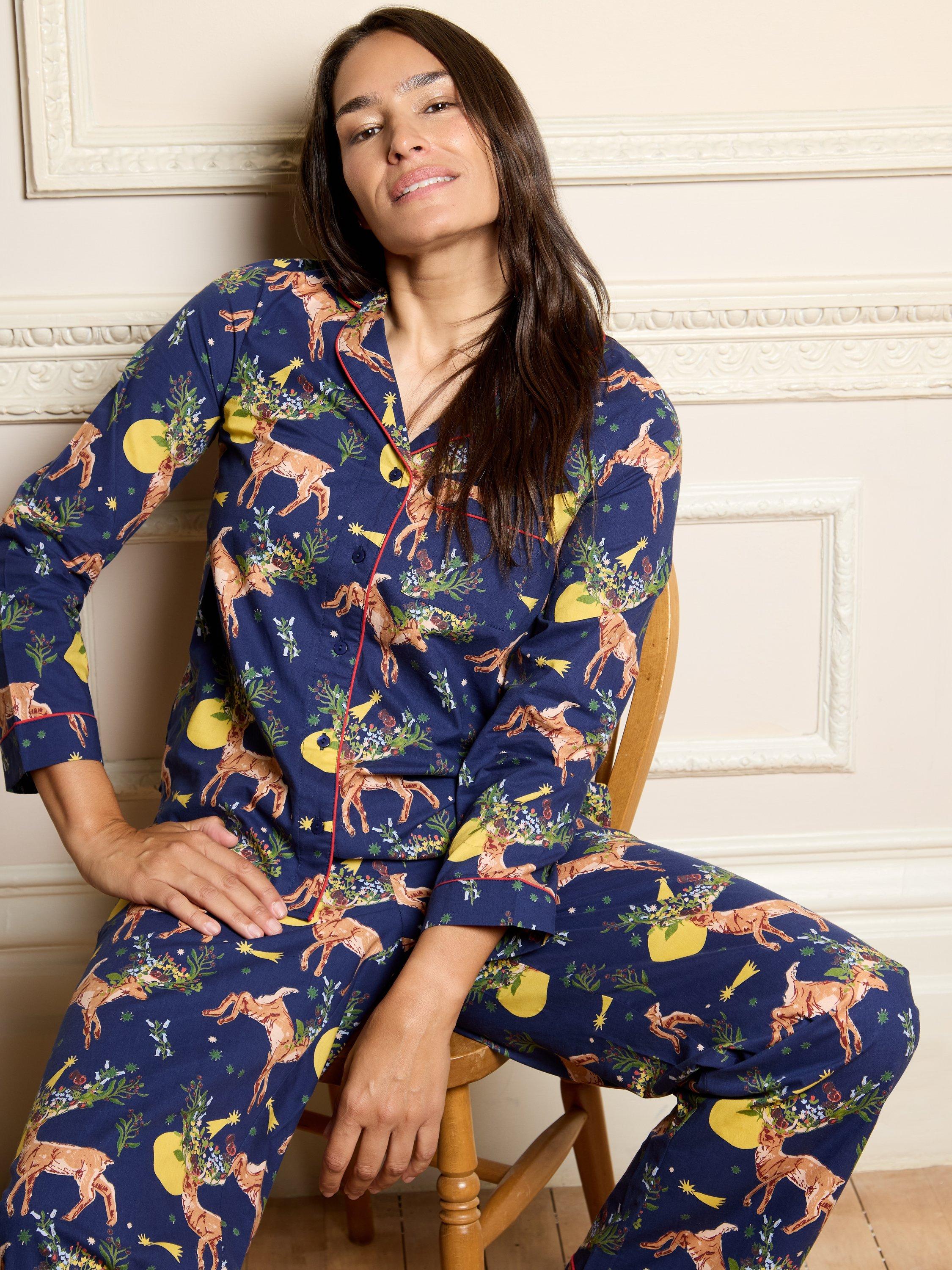 Product image 4 of 5, which shows Their Nibs Forest Reindeer Long Pyjama Set, Navy, S