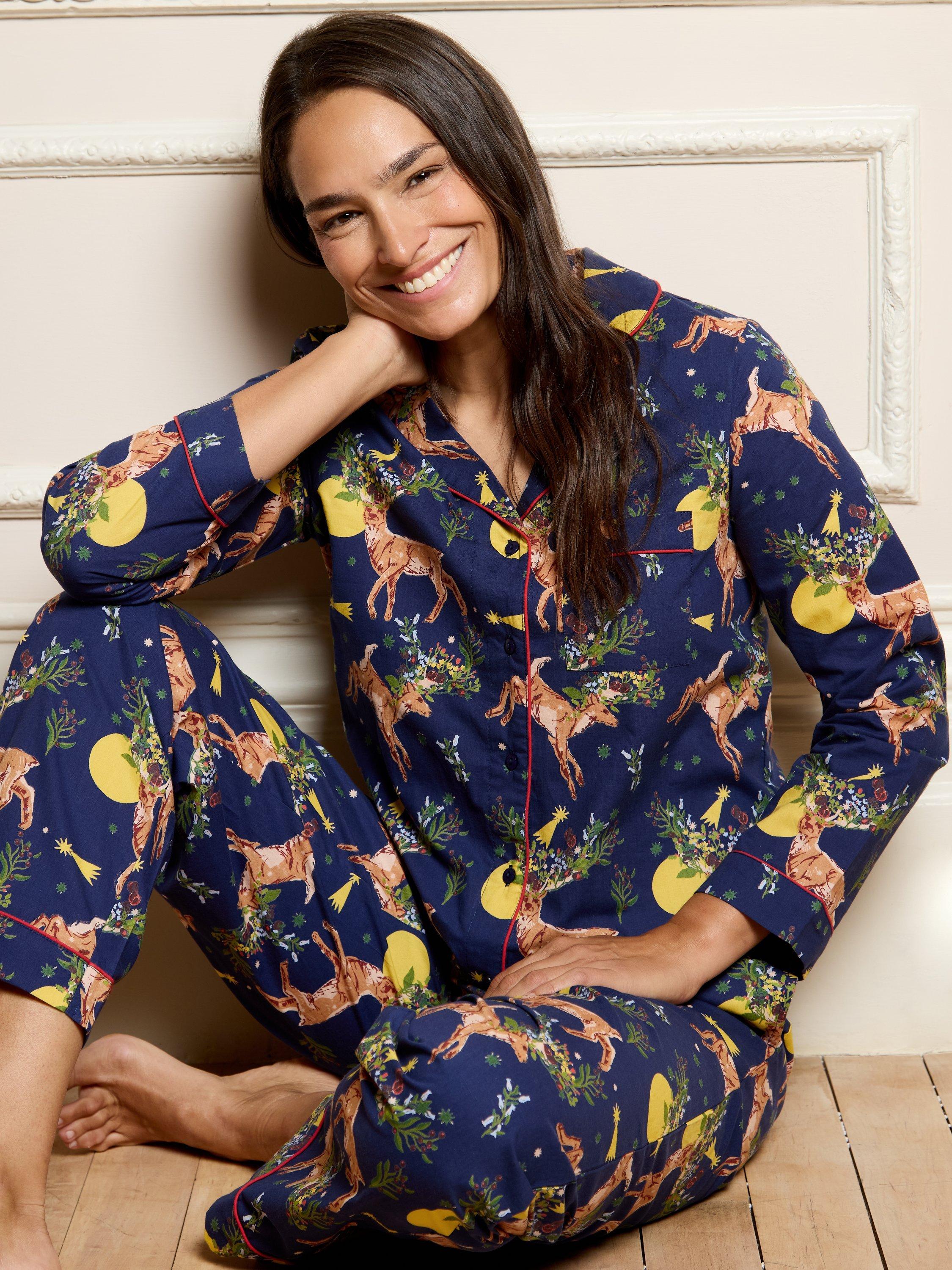 Product image 5 of 5, which shows Their Nibs Forest Reindeer Long Pyjama Set, Navy, S