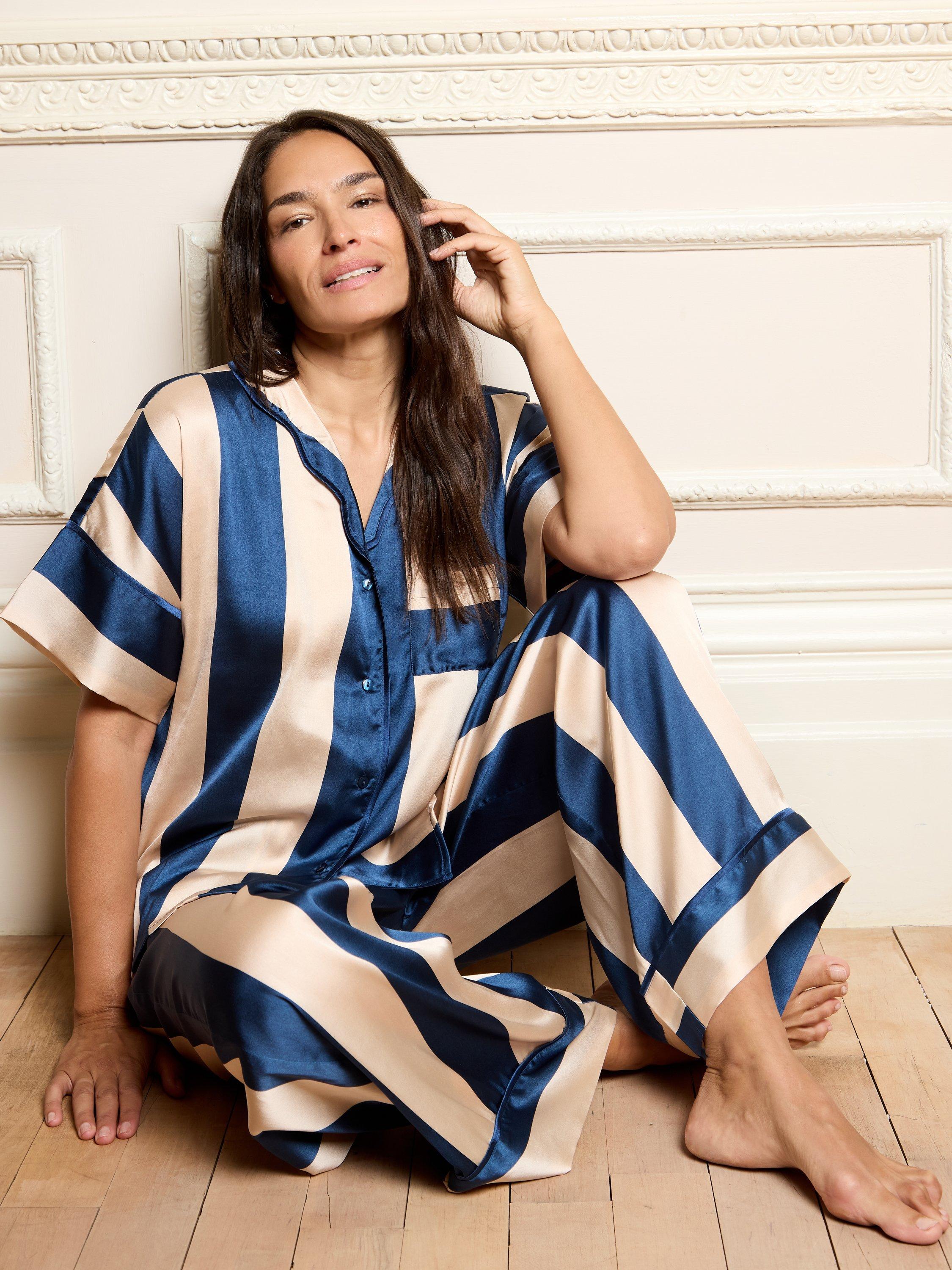 Product image 1 of 4, which shows Their Nibs Block Stripe Satin Pyjama Set, Navy, S