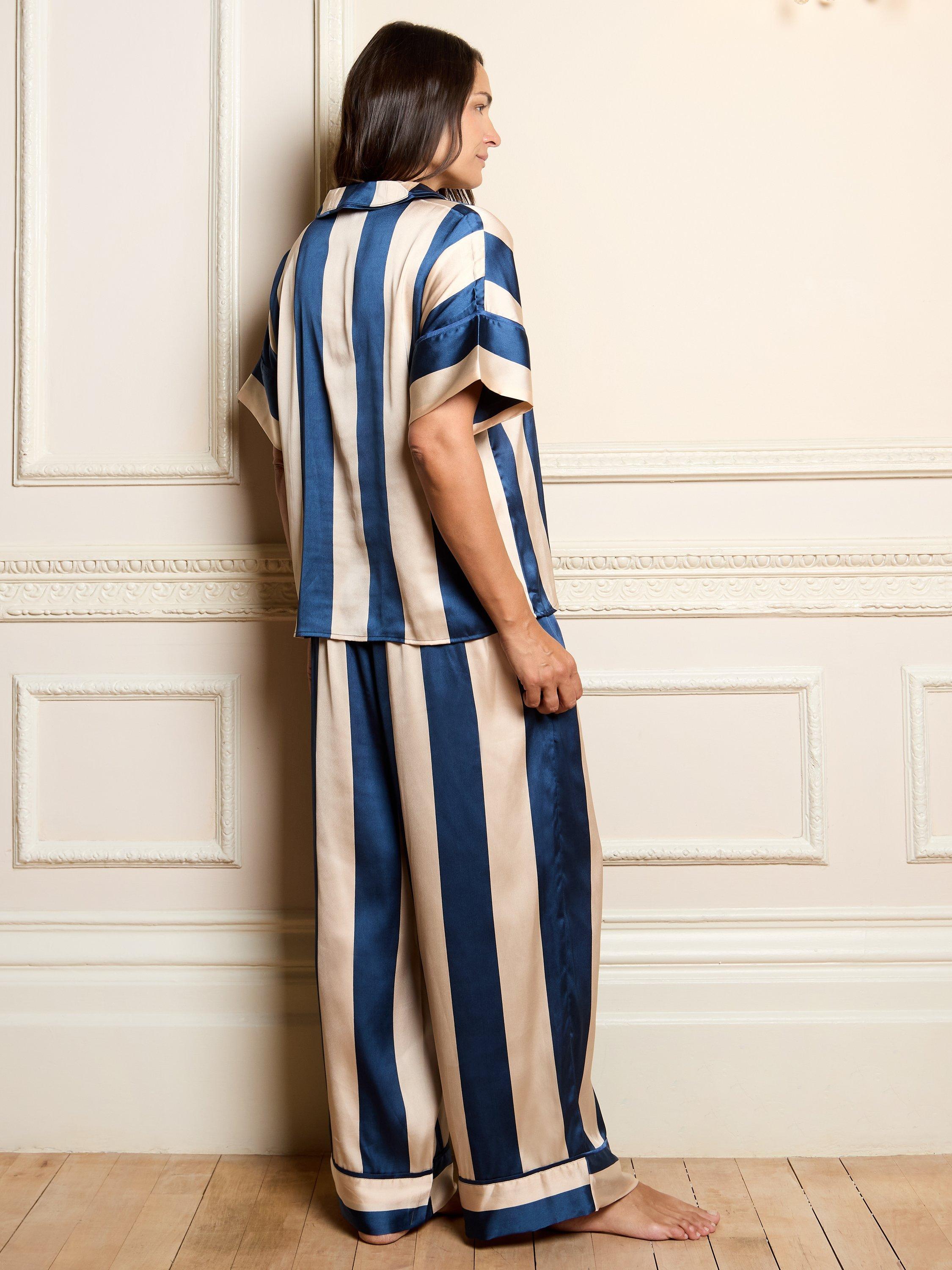 Product image 2 of 4, which shows Their Nibs Block Stripe Satin Pyjama Set, Navy, S