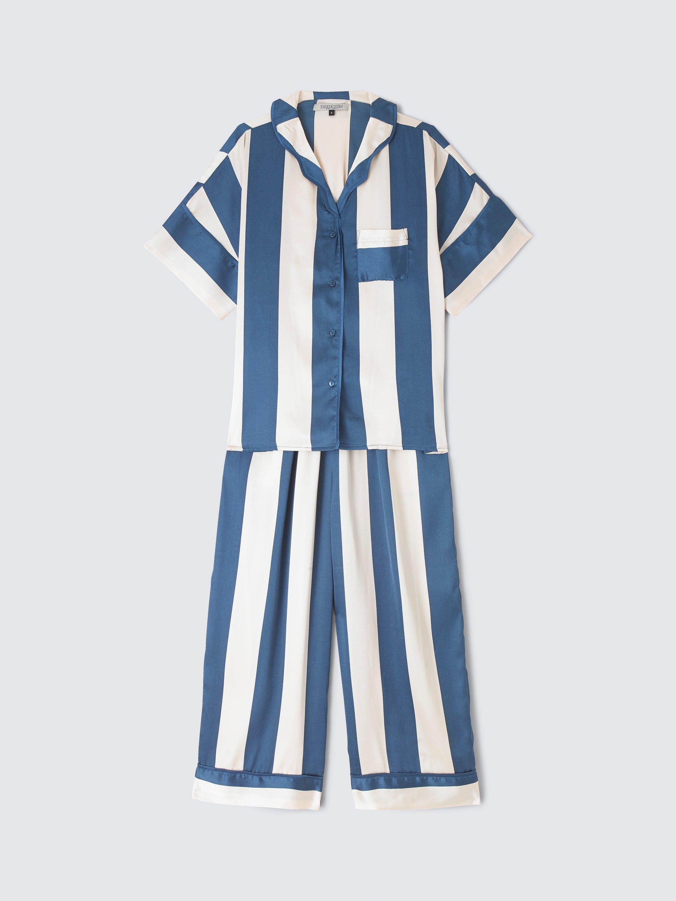 Product image 3 of 4, which shows Their Nibs Block Stripe Satin Pyjama Set, Navy, S