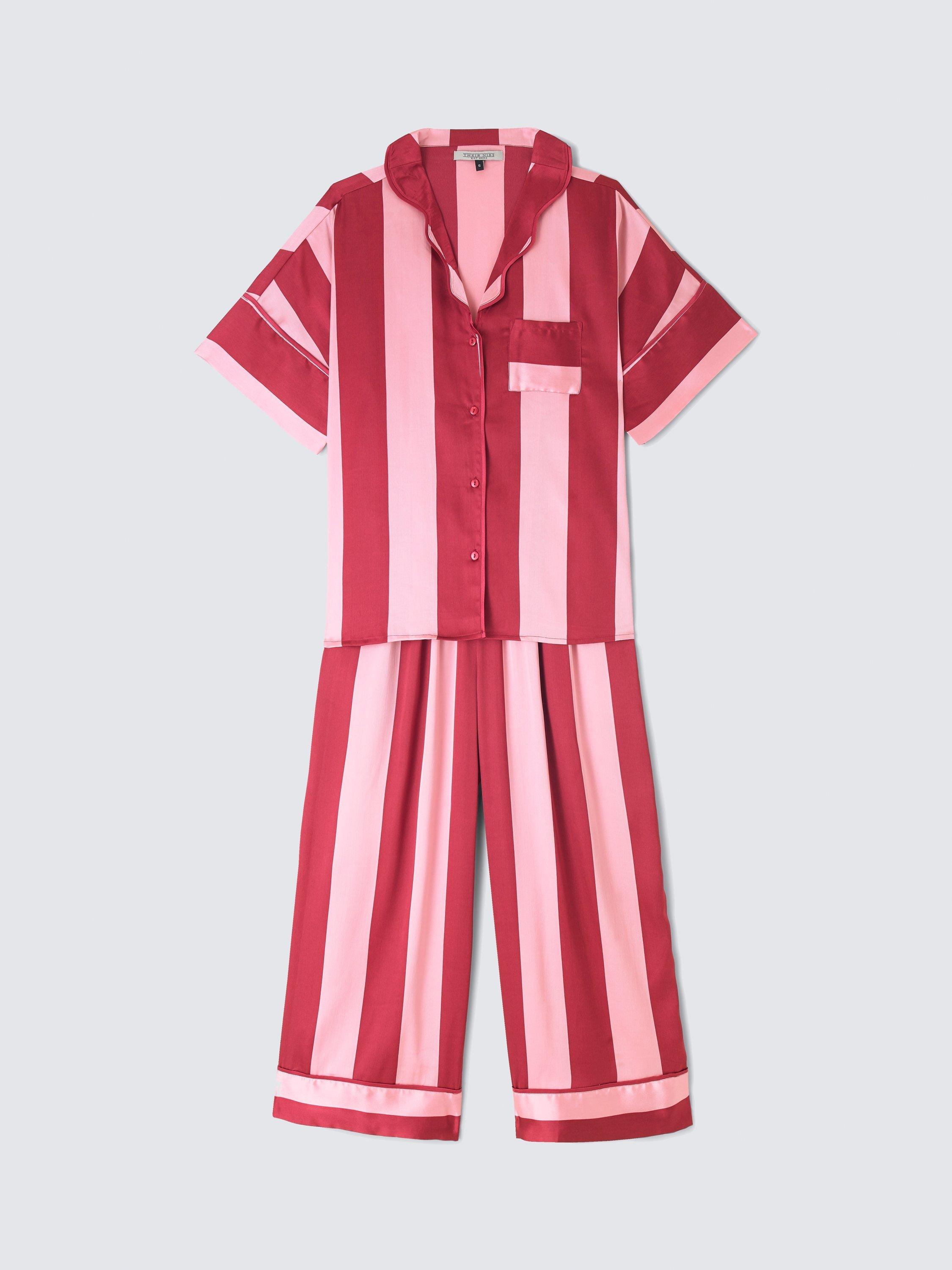Product image 4 of 6, which shows Their Nibs Block Stripe Satin Pyjama Set, Pink, S