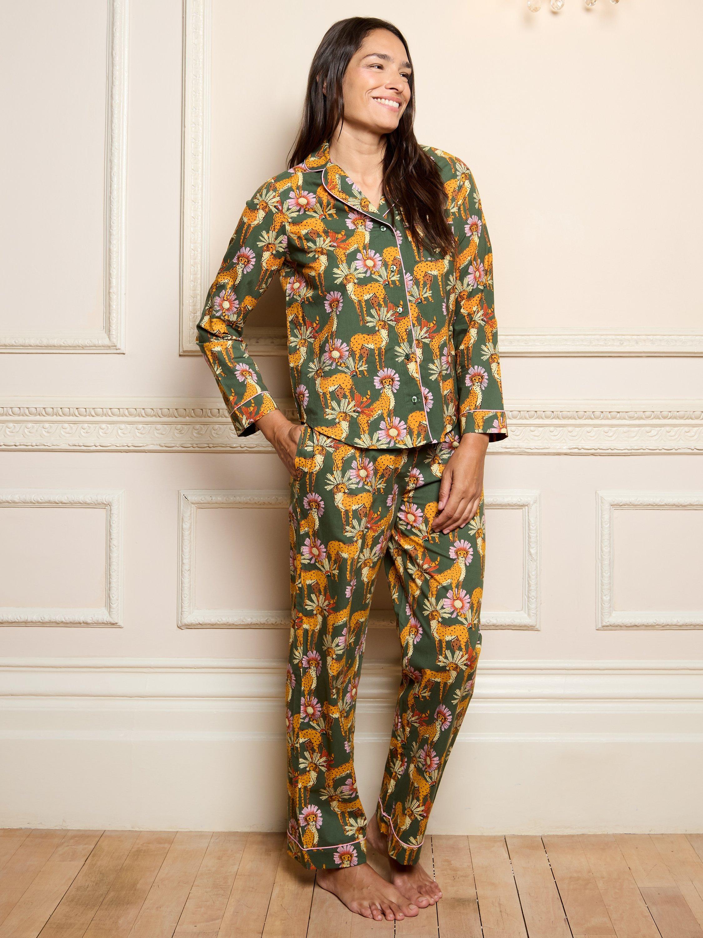 Product image 1 of 6, which shows Their Nibs Untamed Cheetah Long Pyjama Set, Green, S