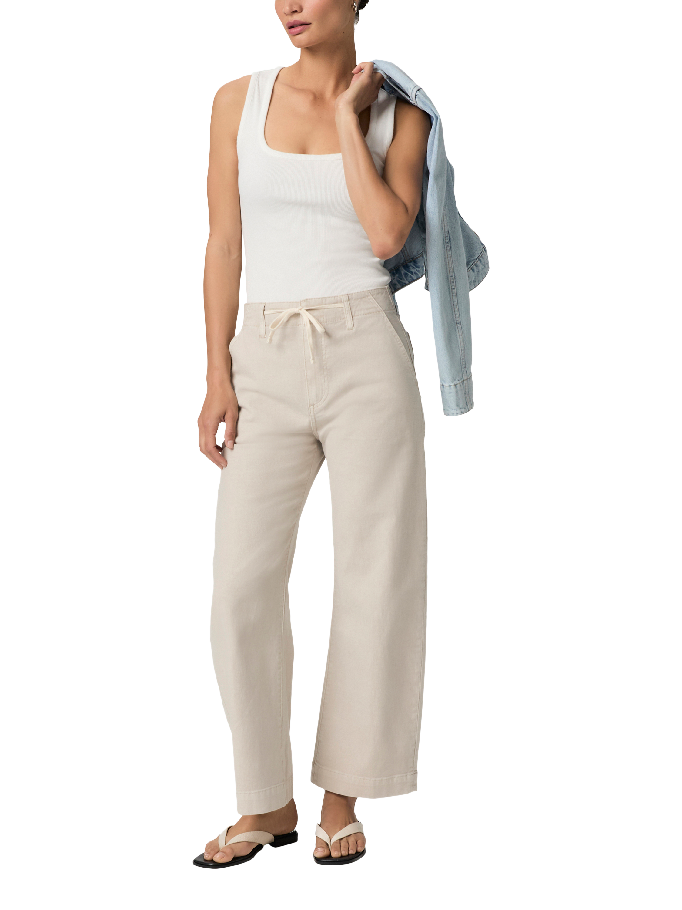 Product image 1 of 4, which shows PAIGE Arellia Ankle Crop High-Rise Barrell Leg Jeans, Stone, 24