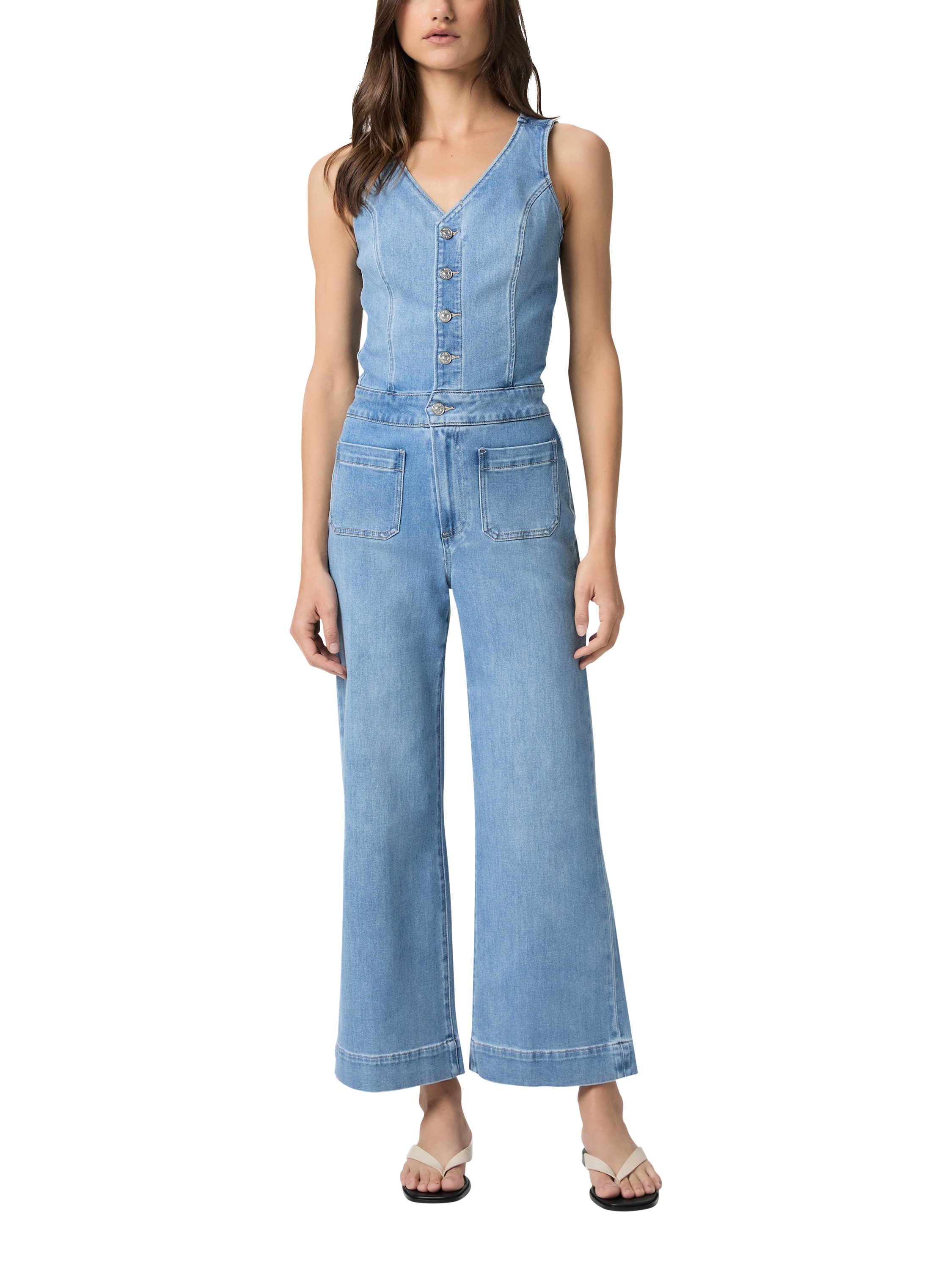 Product image 1 of 3, which shows PAIGE Kenny Cotton Denim Sleeveless Jumpsuit, Light Blue, 6