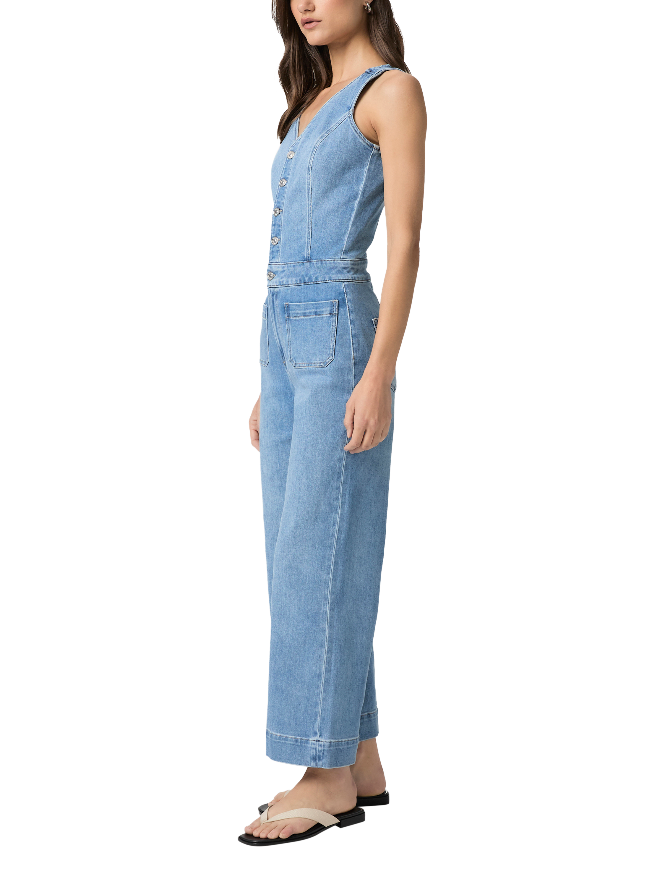 Product image 2 of 3, which shows PAIGE Kenny Cotton Denim Sleeveless Jumpsuit, Light Blue, 6