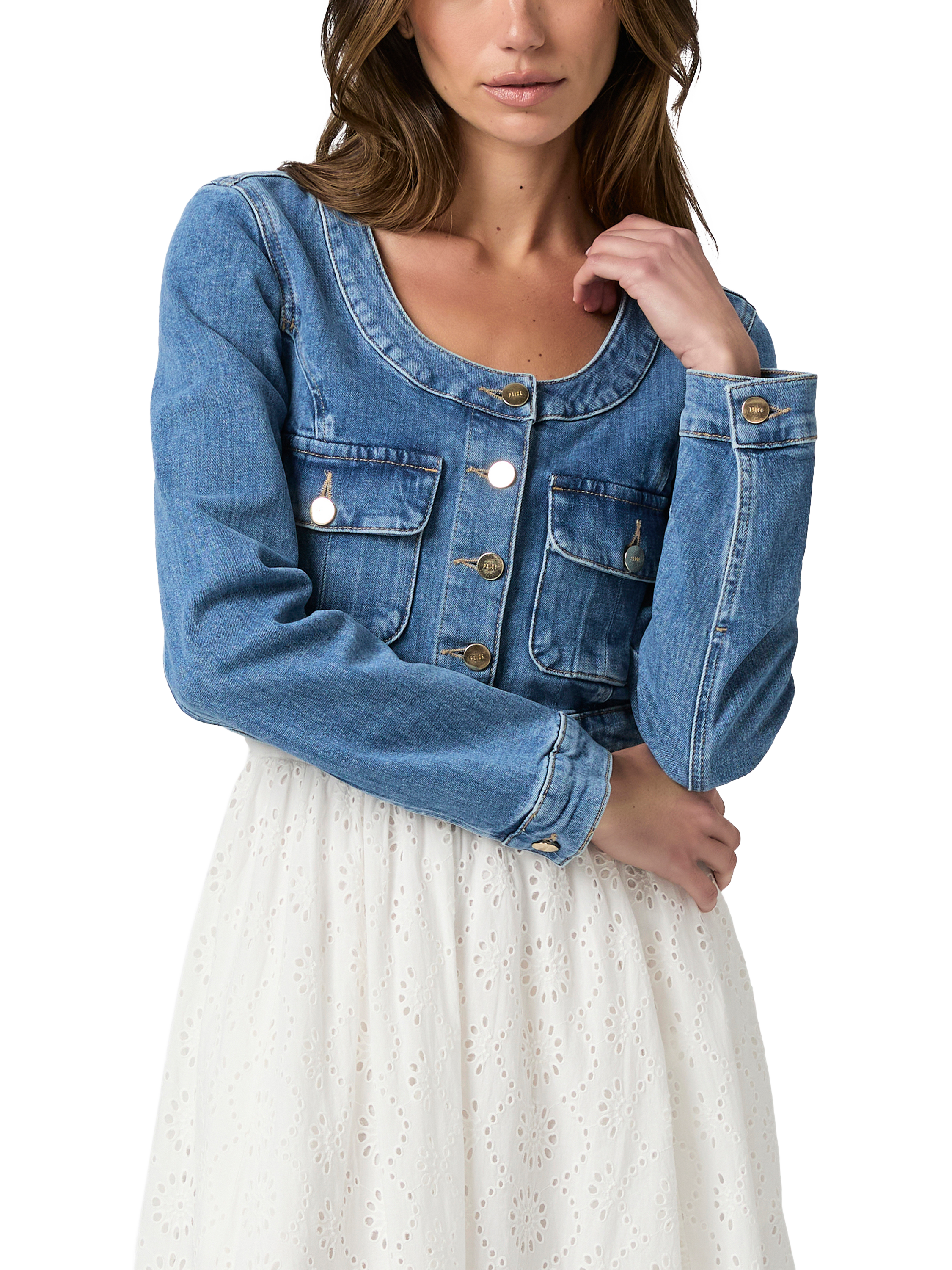 Product image 1 of 5, which shows PAIGE Kiara Collarless Denim Jacket, Blue, S