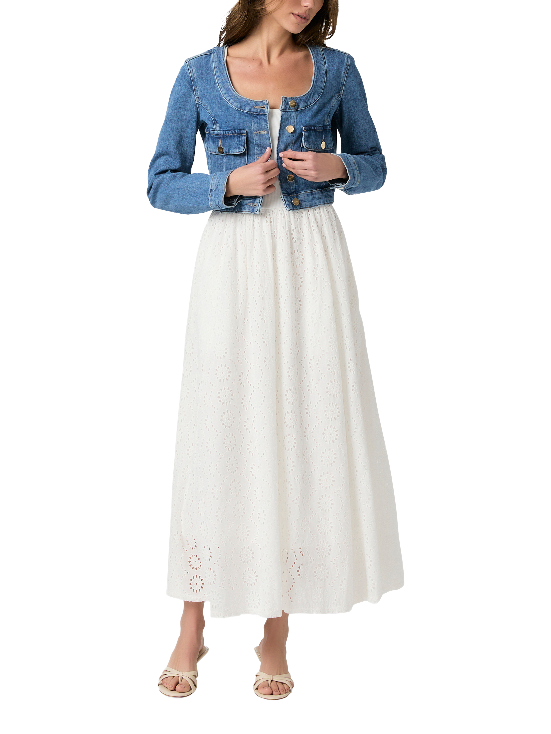 Product image 2 of 5, which shows PAIGE Kiara Collarless Denim Jacket, Blue, S