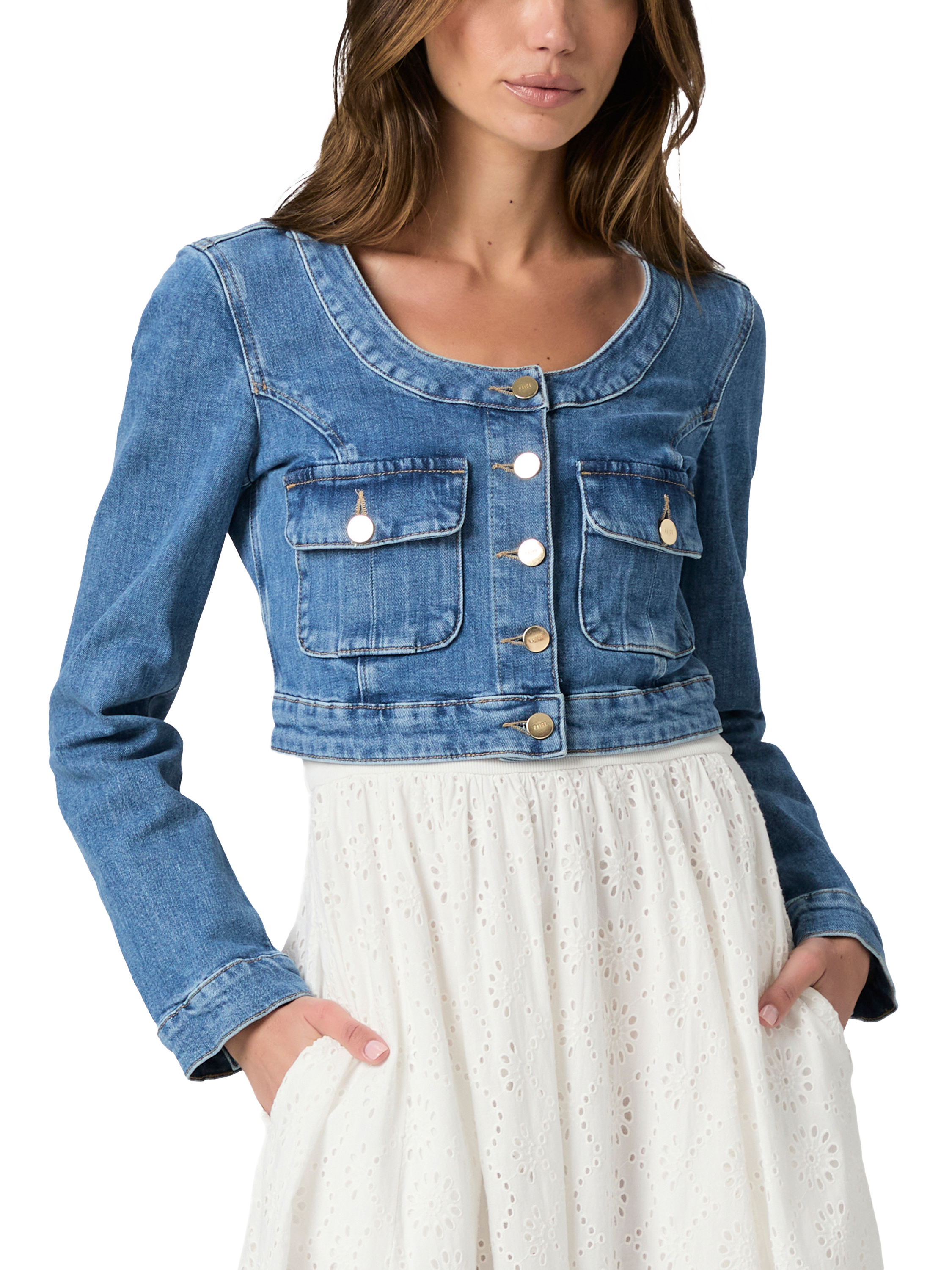 Product image 3 of 5, which shows PAIGE Kiara Collarless Denim Jacket, Blue, S