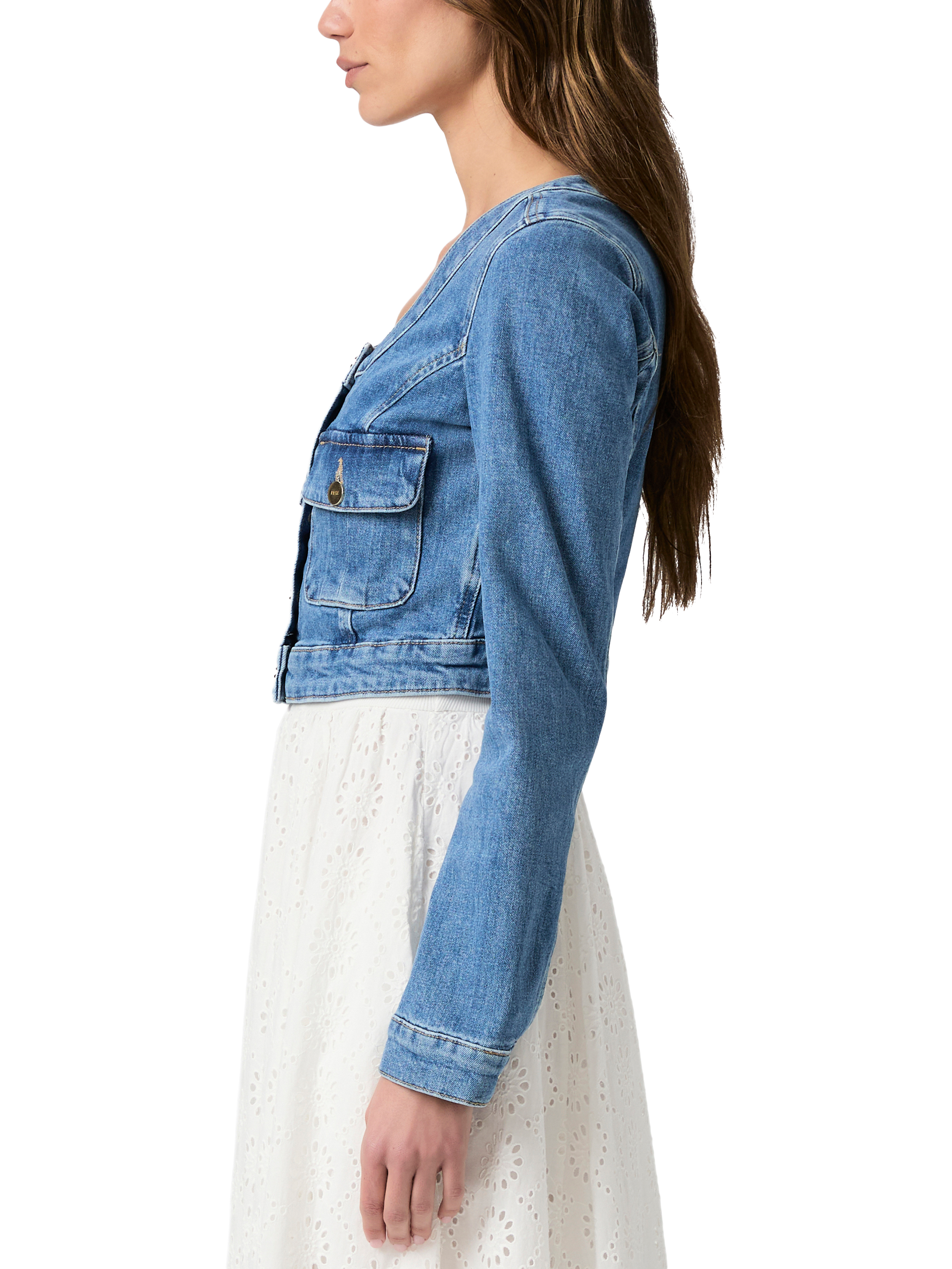 Product image 4 of 5, which shows PAIGE Kiara Collarless Denim Jacket, Blue, S