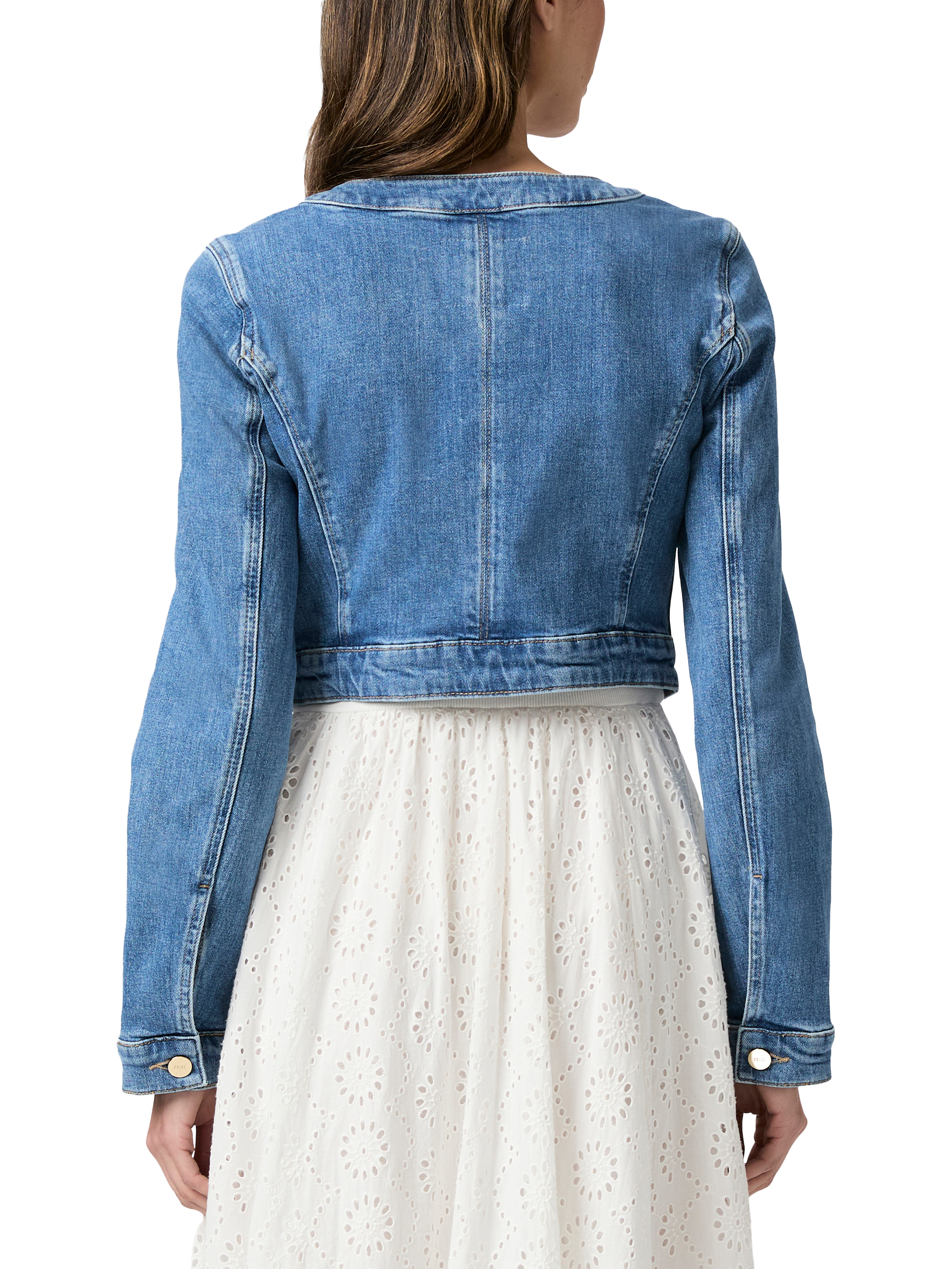 Product image 5 of 5, which shows PAIGE Kiara Collarless Denim Jacket, Blue, S