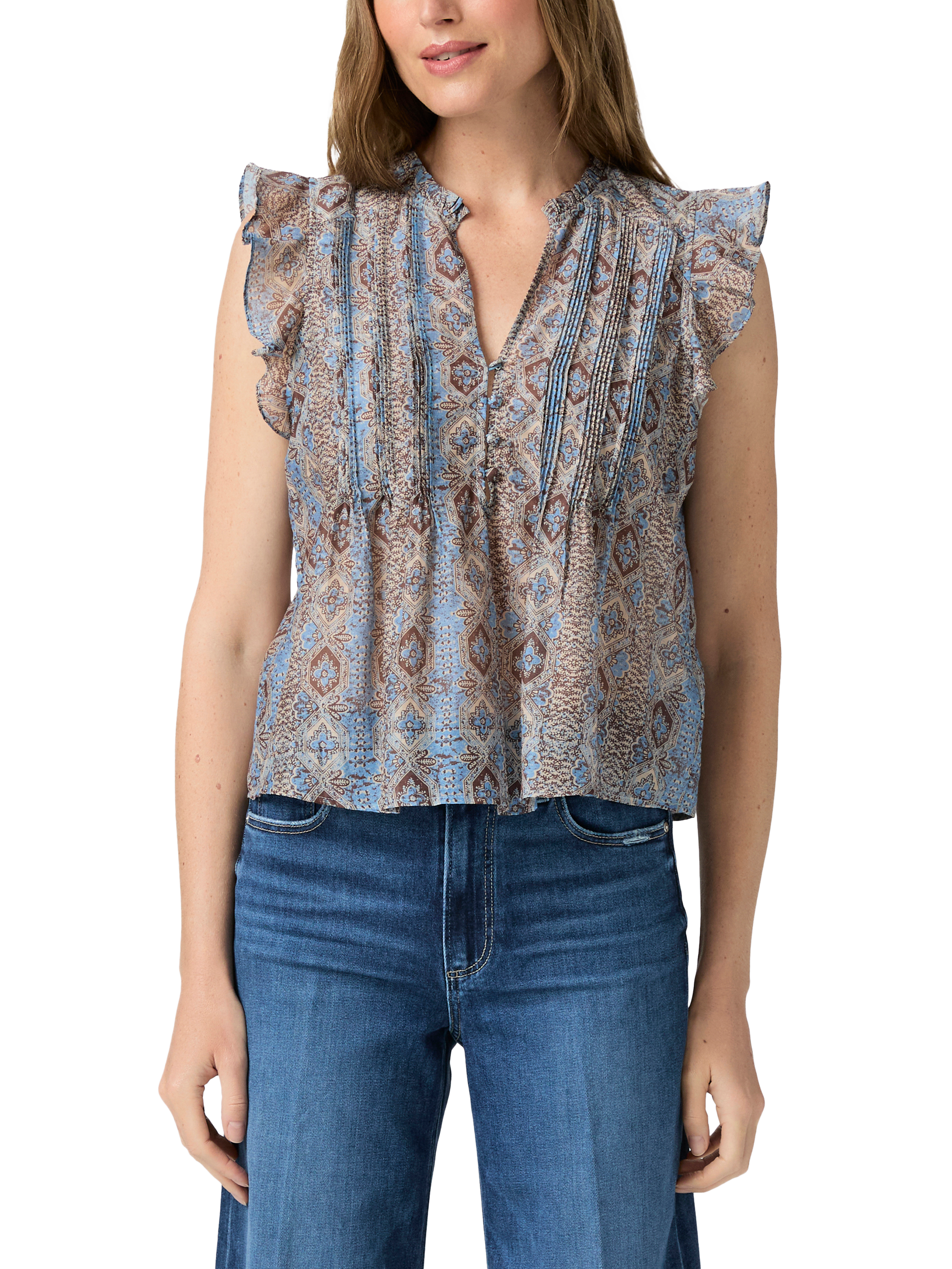 Product image 1 of 4, which shows PAIGE Idris Batik Print Cotton Silk Blend Tank Top, Multi, XS