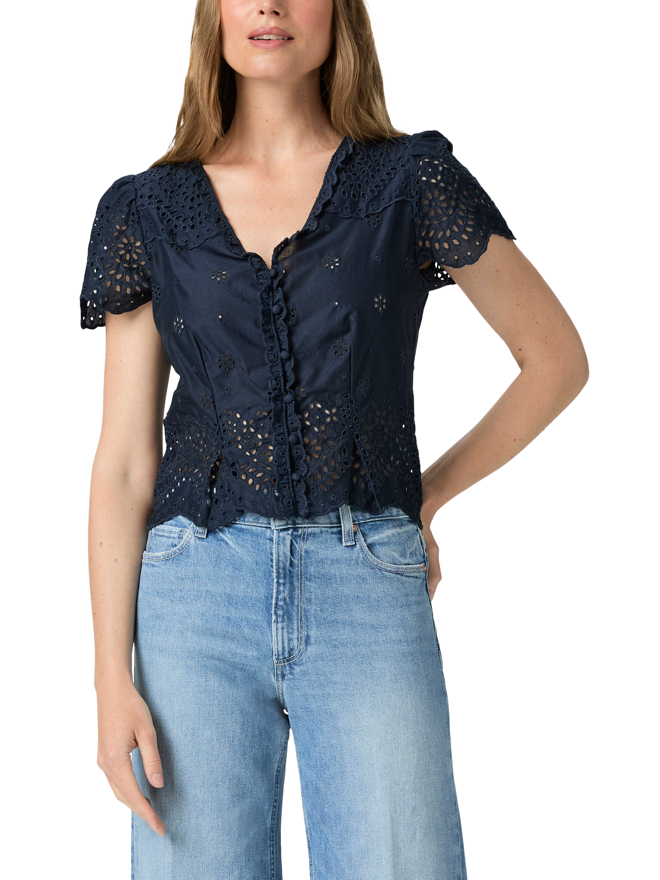 Product image 1 of 4, which shows PAIGE Quinta Broderie Cotton Top, Navy, 10