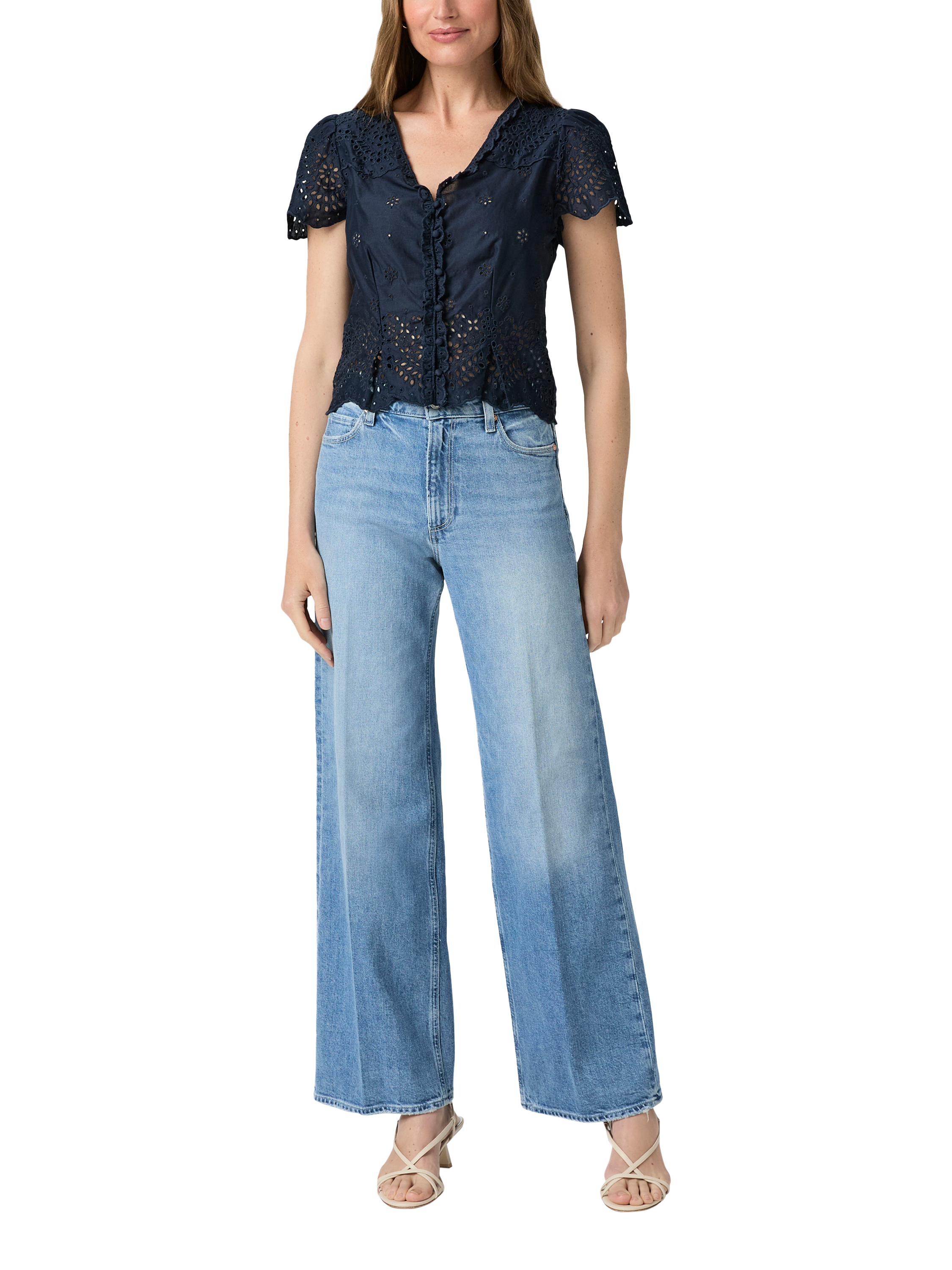 Product image 2 of 4, which shows PAIGE Quinta Broderie Cotton Top, Navy, 10