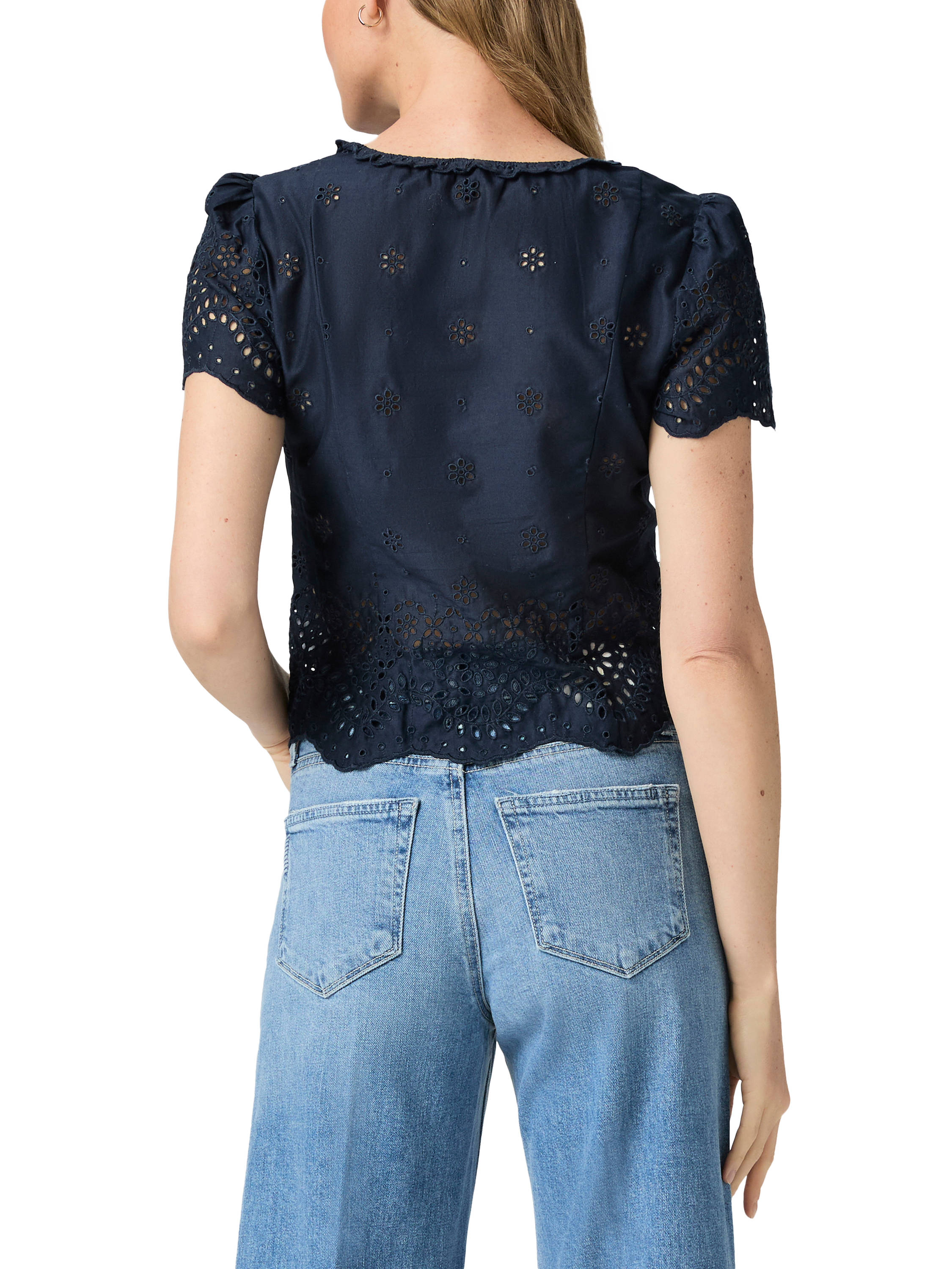 Product image 4 of 4, which shows PAIGE Quinta Broderie Cotton Top, Navy, 10