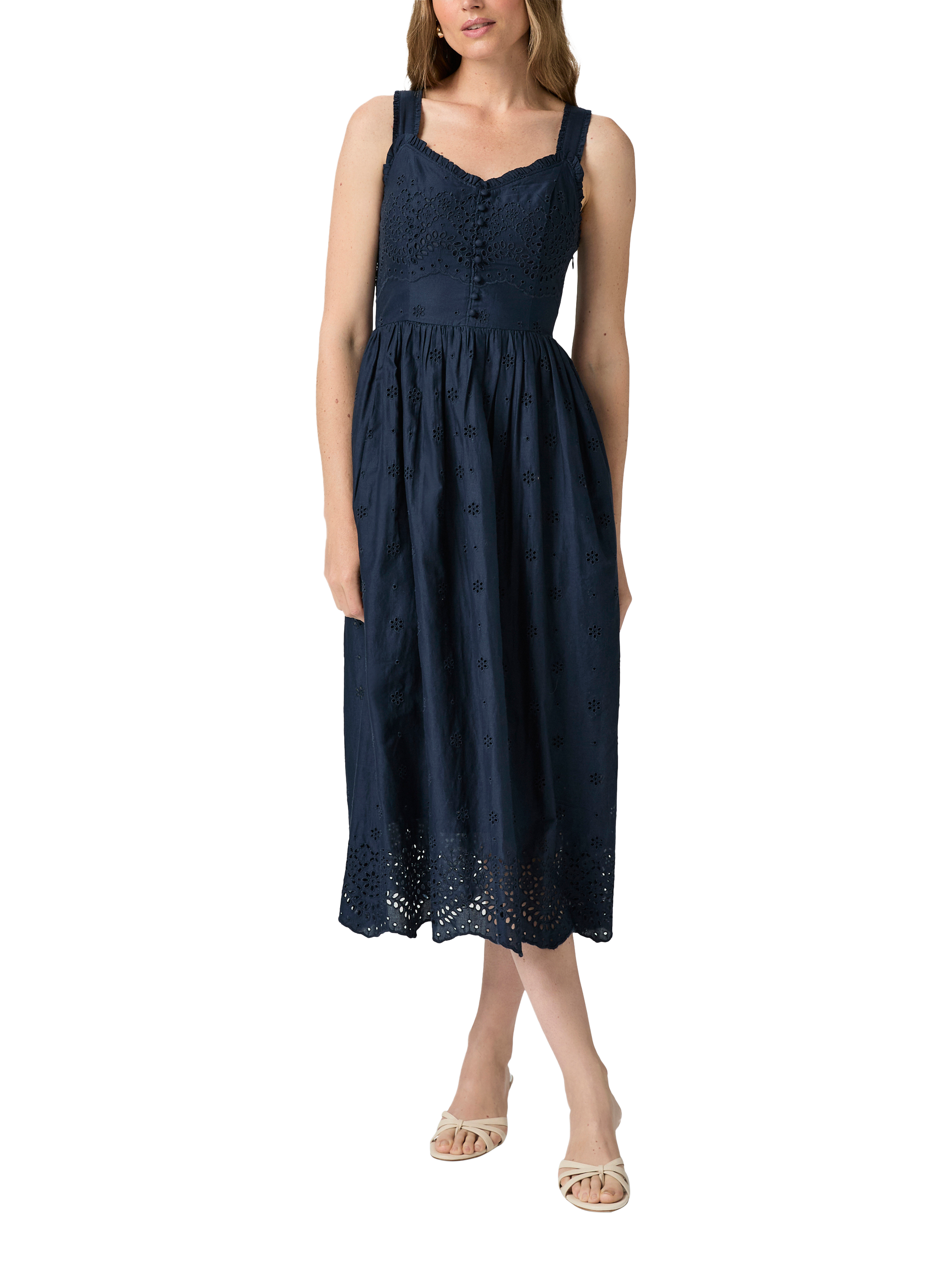 Product image 1 of 3, which shows PAIGE Riesling Scallop Hem Midi Dress, Navy, 6