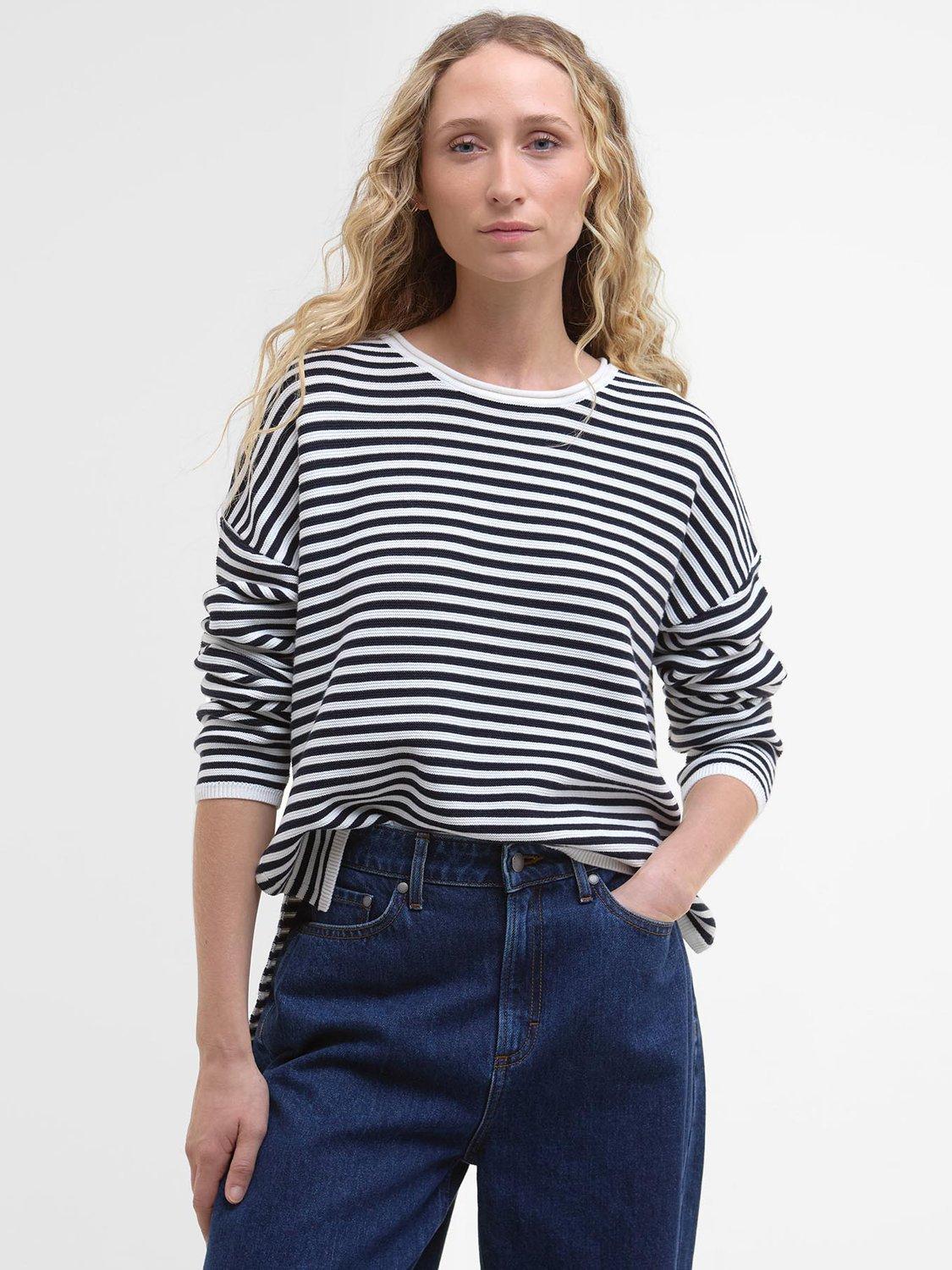 Product image 1 of 6, which shows Barbour Marine Textured Stitch Jumper, Navy Stripe, 8
