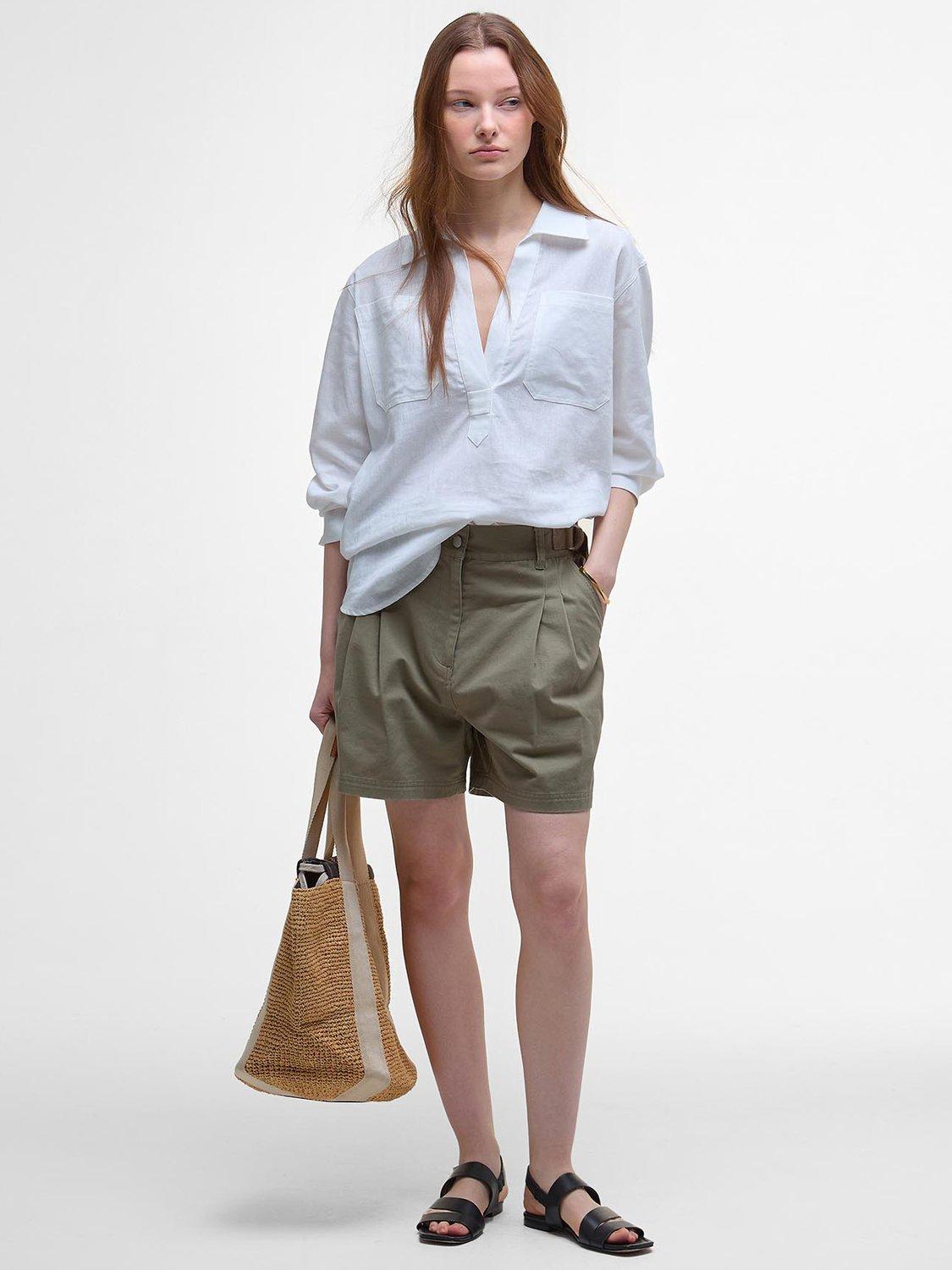Product image 1 of 6, which shows Barbour Cecile Side Adjuster Shorts, Dusky Green, 8