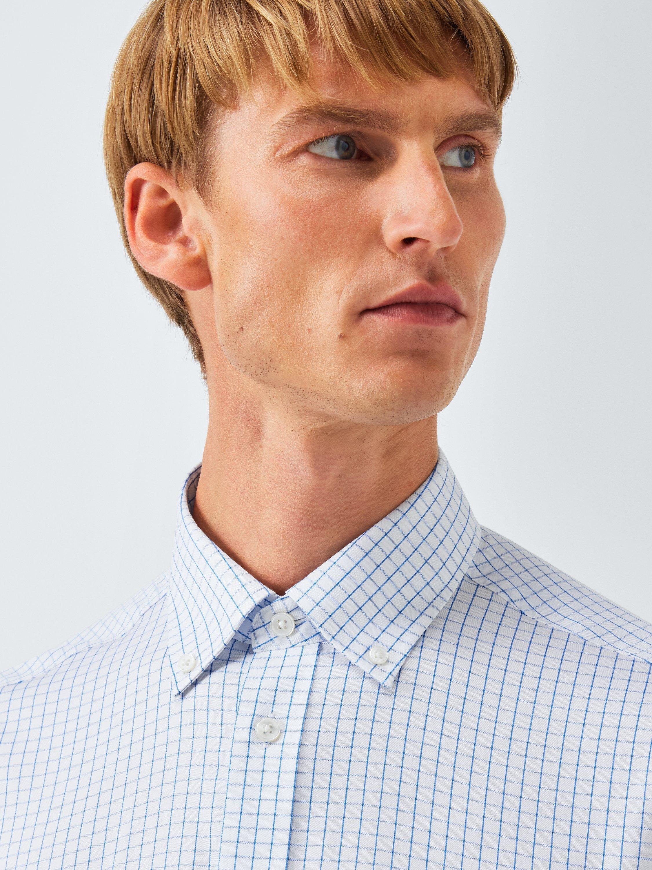Product image 5 of 8, which shows John Lewis Regular Fit Button Down Collar Check Cotton Shirt, Blue/White, 16/R