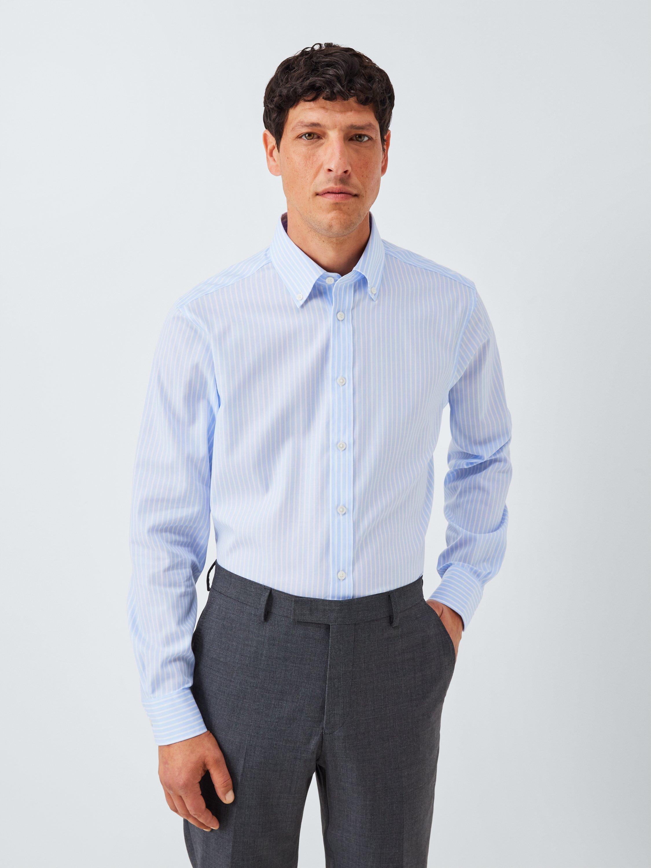 Product image 1 of 7, which shows John Lewis Tailored Fit Button Down Collar Stripe Cotton Shirt, Blue, 15/R