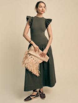 FLORERE Knit and Cotton Mix Dress, Khaki - view 2, Khaki