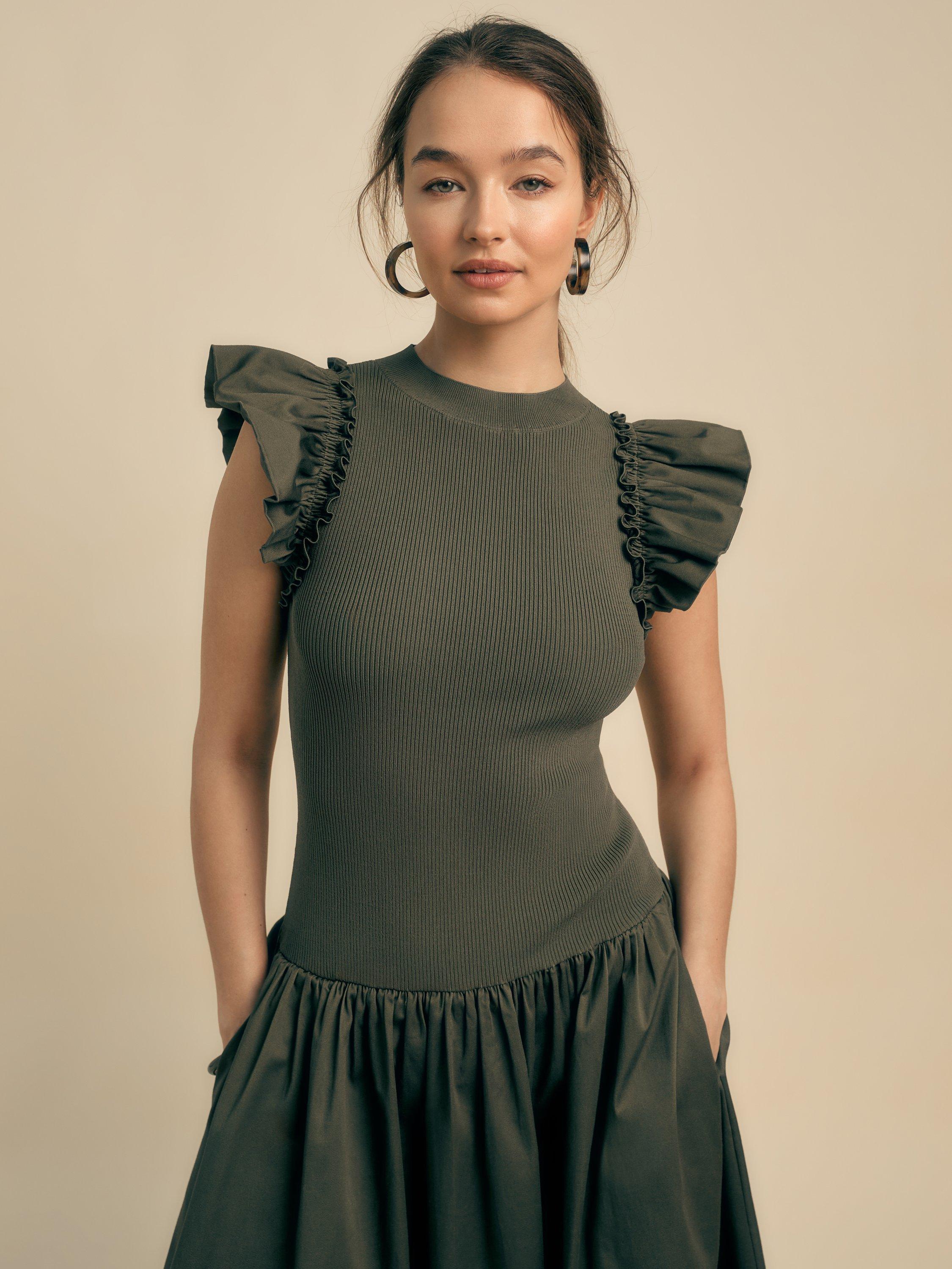 Product image 4 of 4, which shows FLORERE Knit and Cotton Mix Dress, Khaki, 8