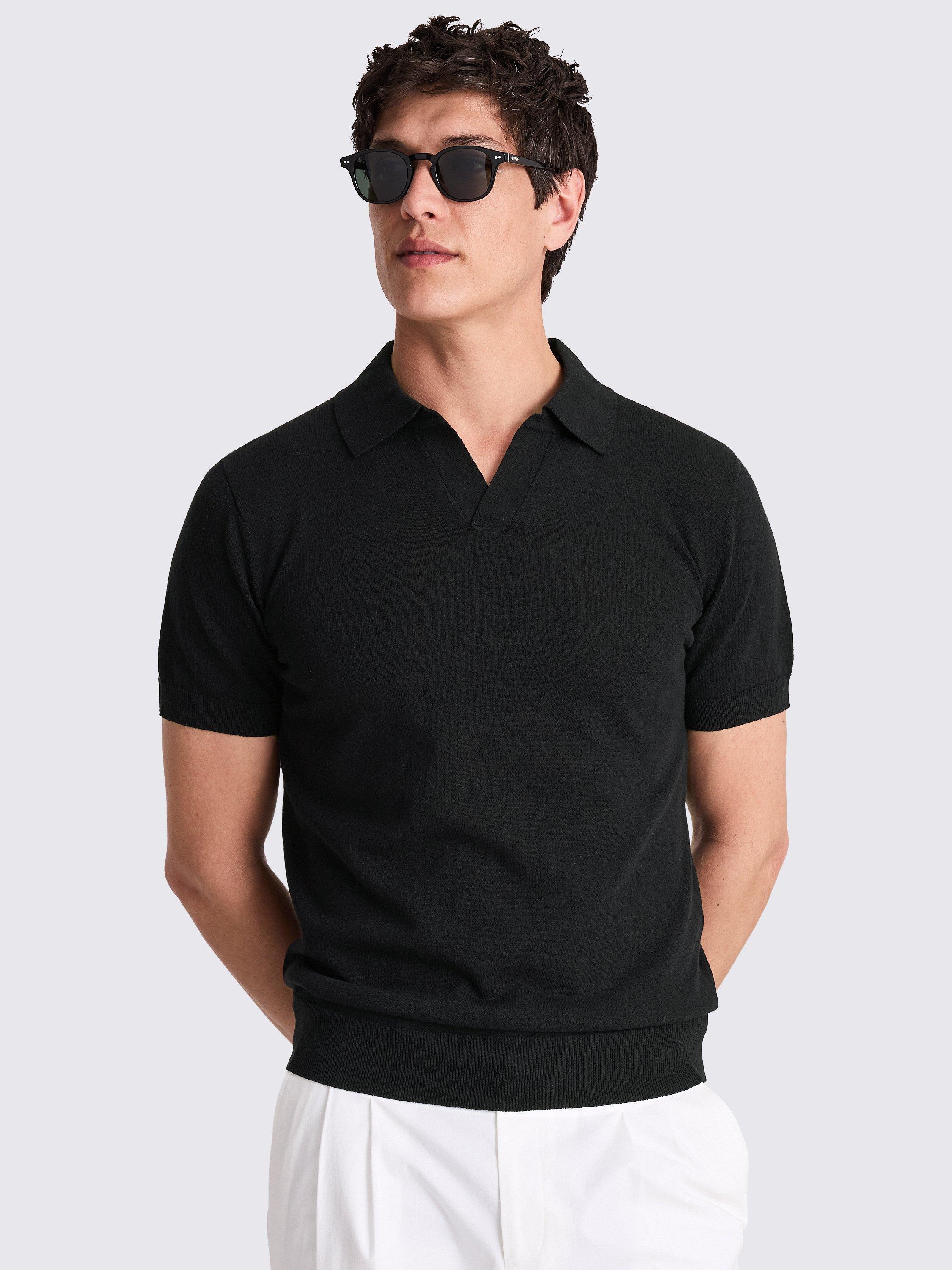 Moss Linen Blend Regular Fit Short Sleeve Skipper Collar Polo Shirt, Black