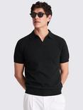 Moss Linen Blend Regular Fit Short Sleeve Skipper Collar Polo Shirt, Black