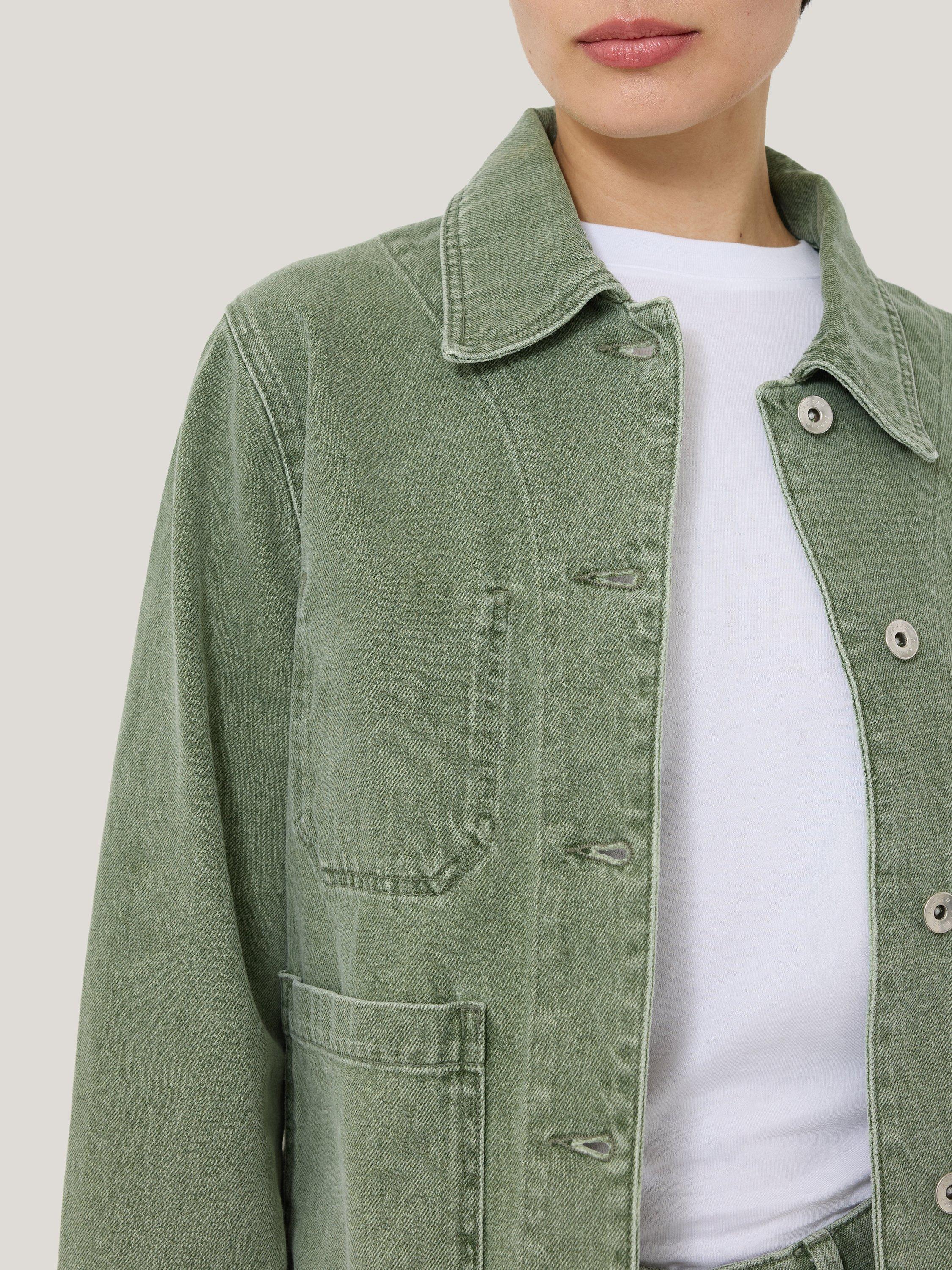 Product image 3 of 7, which shows Jigsaw Cooper Cropped Denim Jacket, Light Green, 12