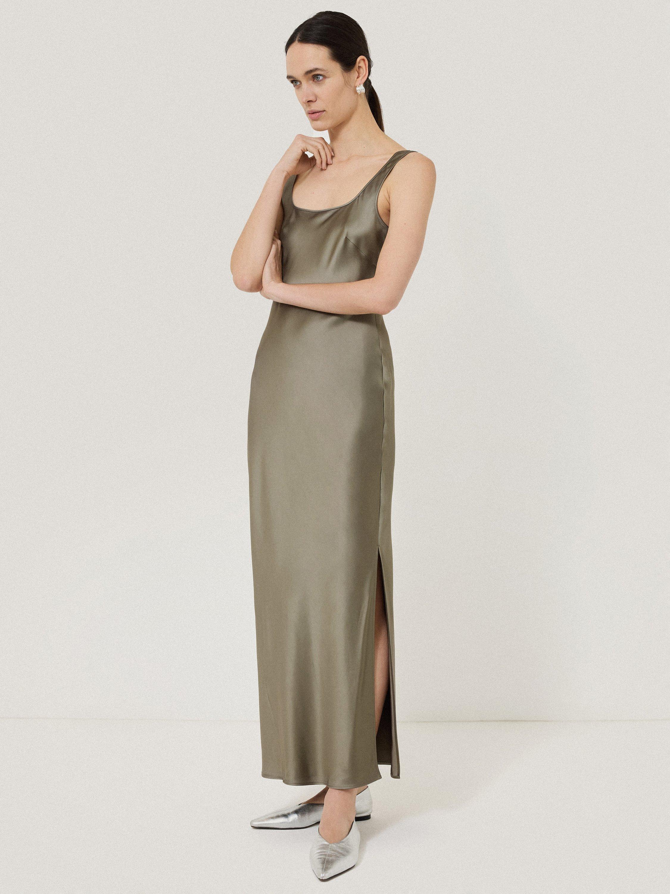 Jigsaw Heavy Satin Slip Dress, Khaki