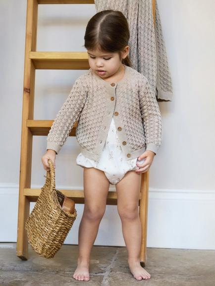 The Little Tailor Baby Cotton Pointelle Cardigan, Fawn