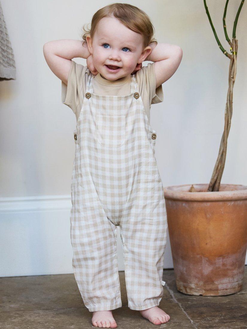 Product image 1 of 11, which shows The Little Tailor Baby Woven Dungaree and T-Shirt Set, Fawn, 0-3 months