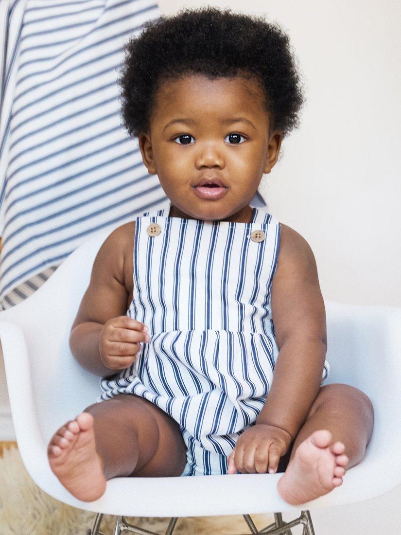 Product image 1 of 6, which shows The Little Tailor Baby Woven Shorty Romper, Navy/White, 0-3 months