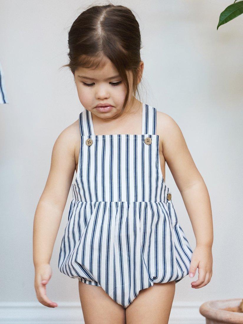Product image 2 of 6, which shows The Little Tailor Baby Woven Shorty Romper, Navy/White, 0-3 months