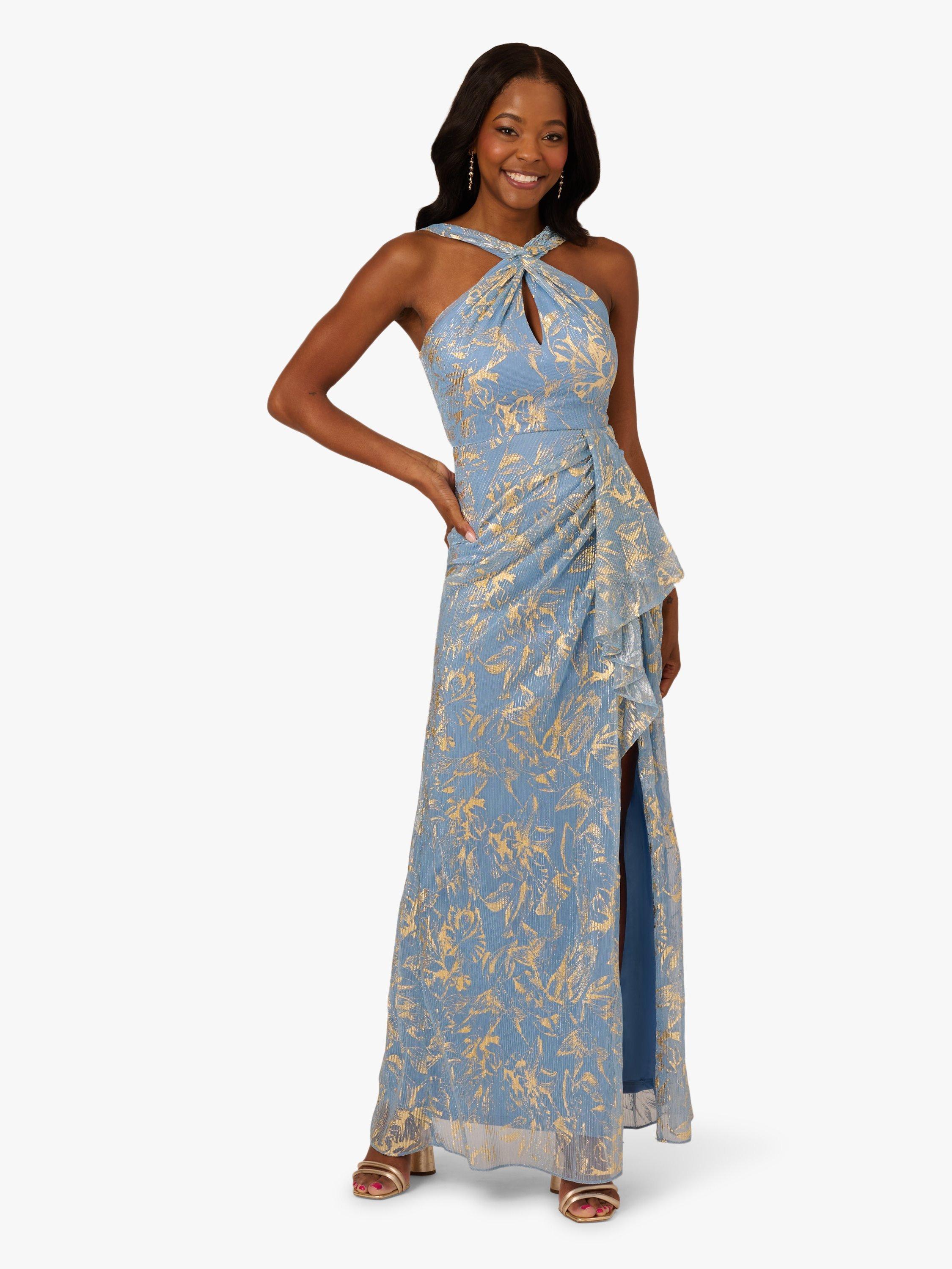 Product image 1 of 6, which shows Adrianna Papell Botanical Foil Halterneck Dress, Light Blue/Gold, 6