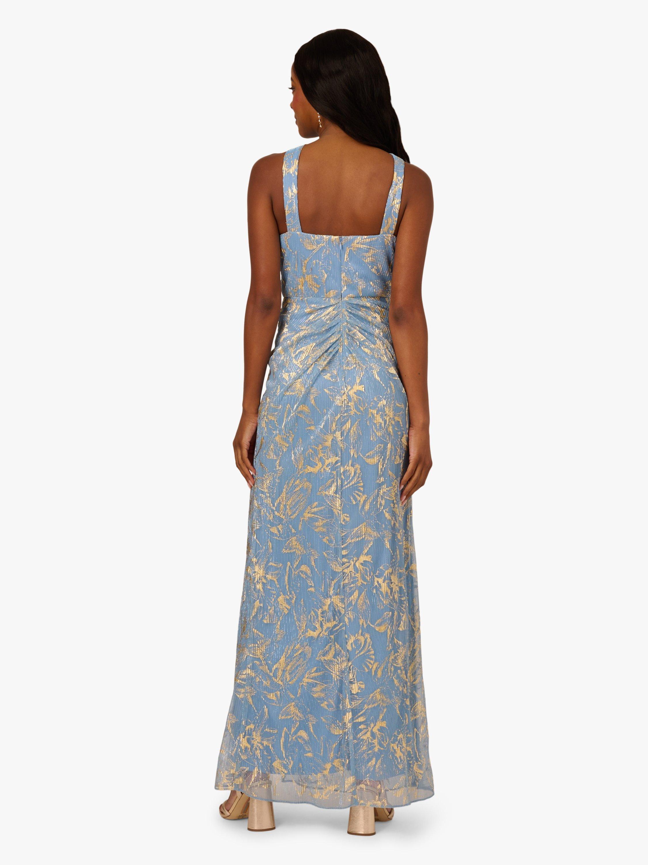 Product image 2 of 6, which shows Adrianna Papell Botanical Foil Halterneck Dress, Light Blue/Gold, 6