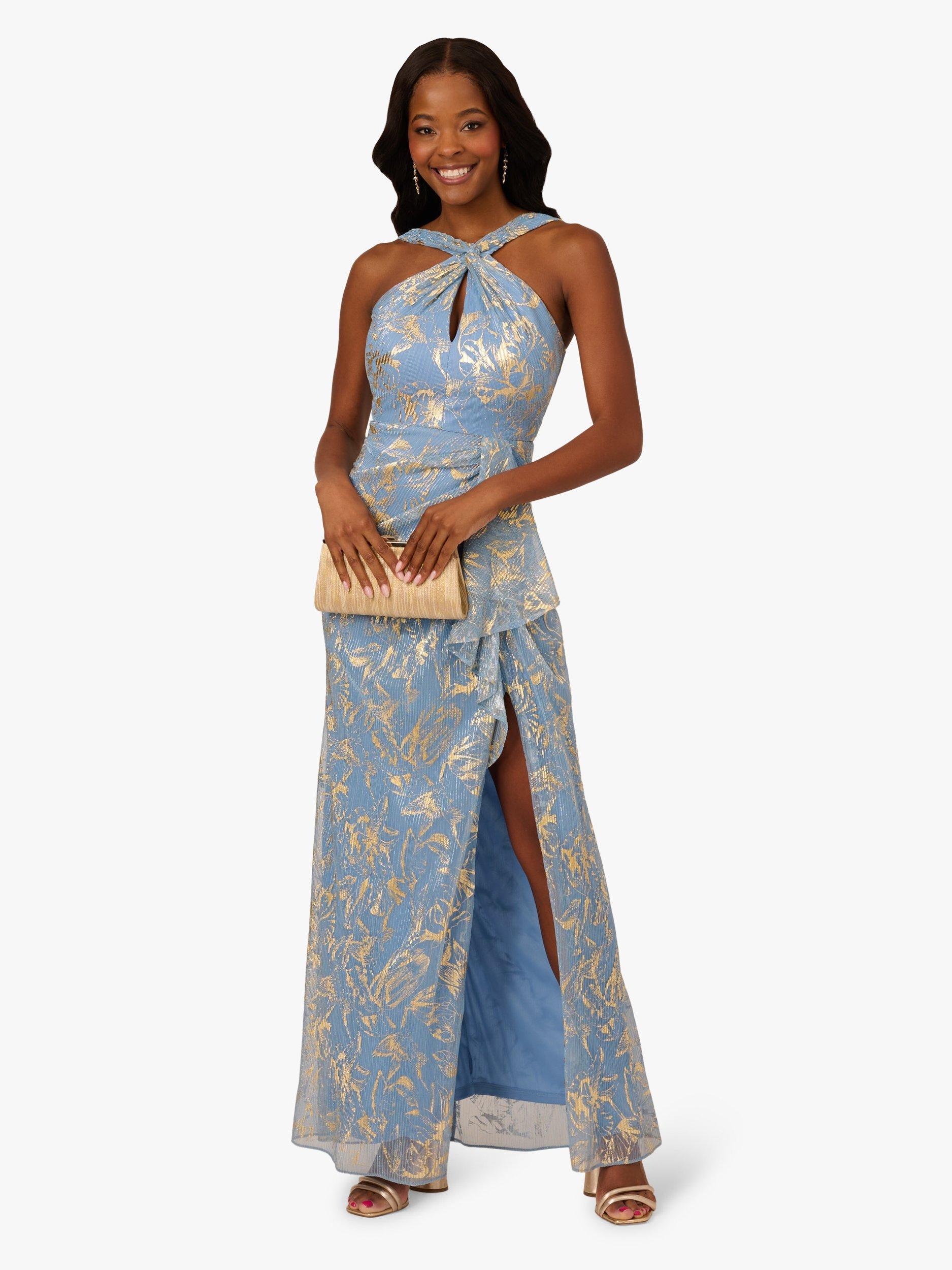 Product image 3 of 6, which shows Adrianna Papell Botanical Foil Halterneck Dress, Light Blue/Gold, 6