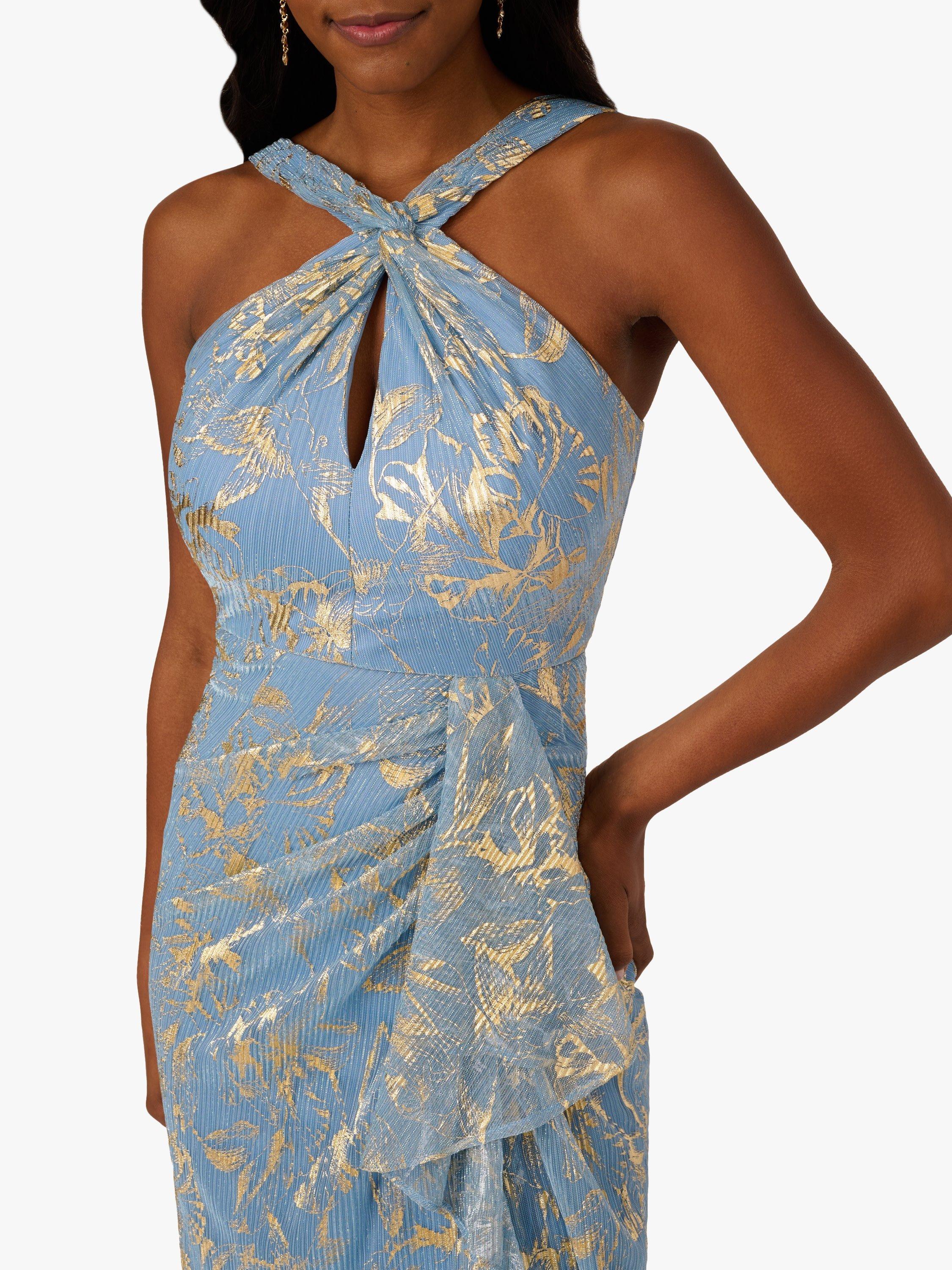 Product image 4 of 6, which shows Adrianna Papell Botanical Foil Halterneck Dress, Light Blue/Gold, 6