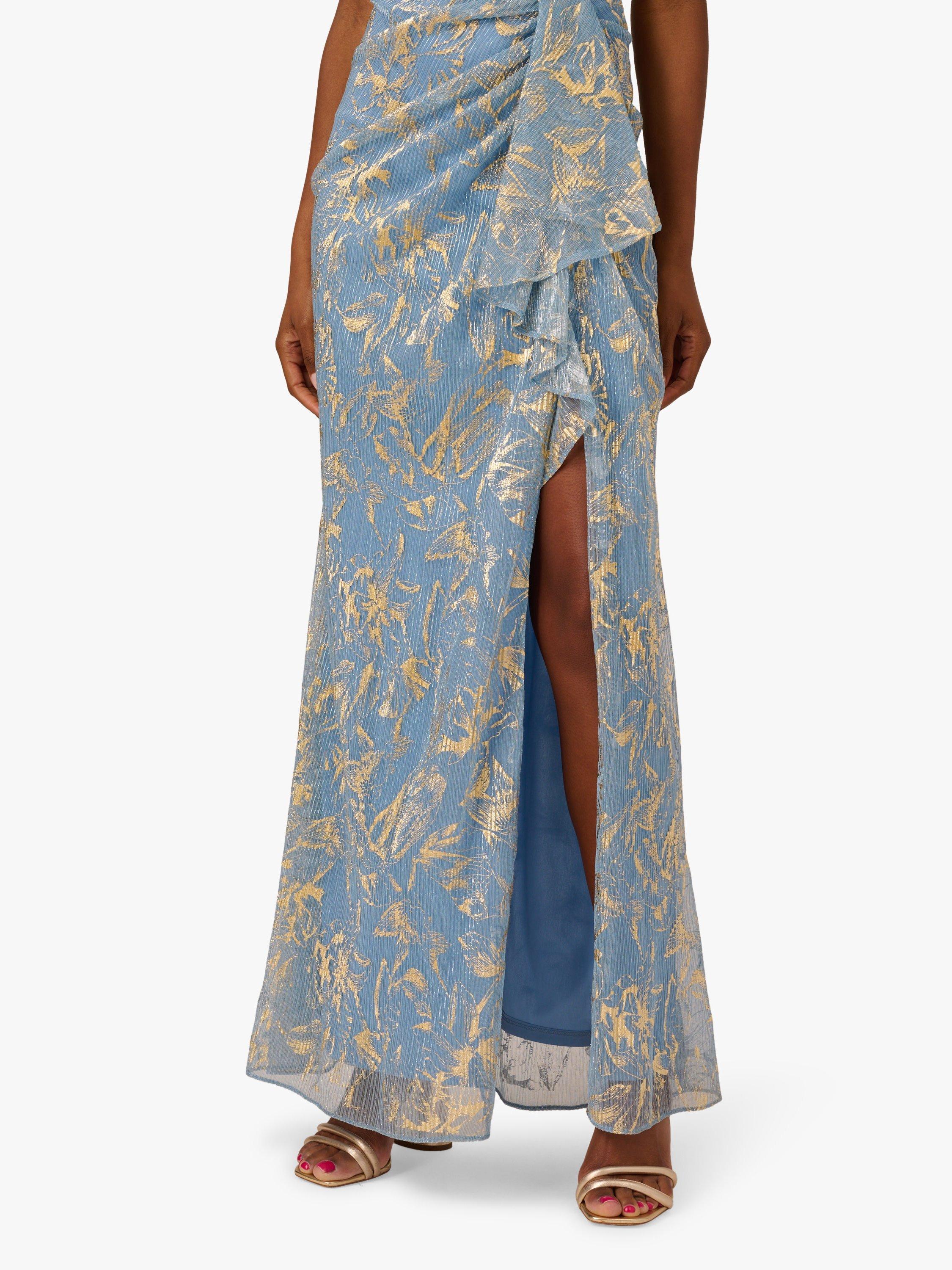 Product image 5 of 6, which shows Adrianna Papell Botanical Foil Halterneck Dress, Light Blue/Gold, 6